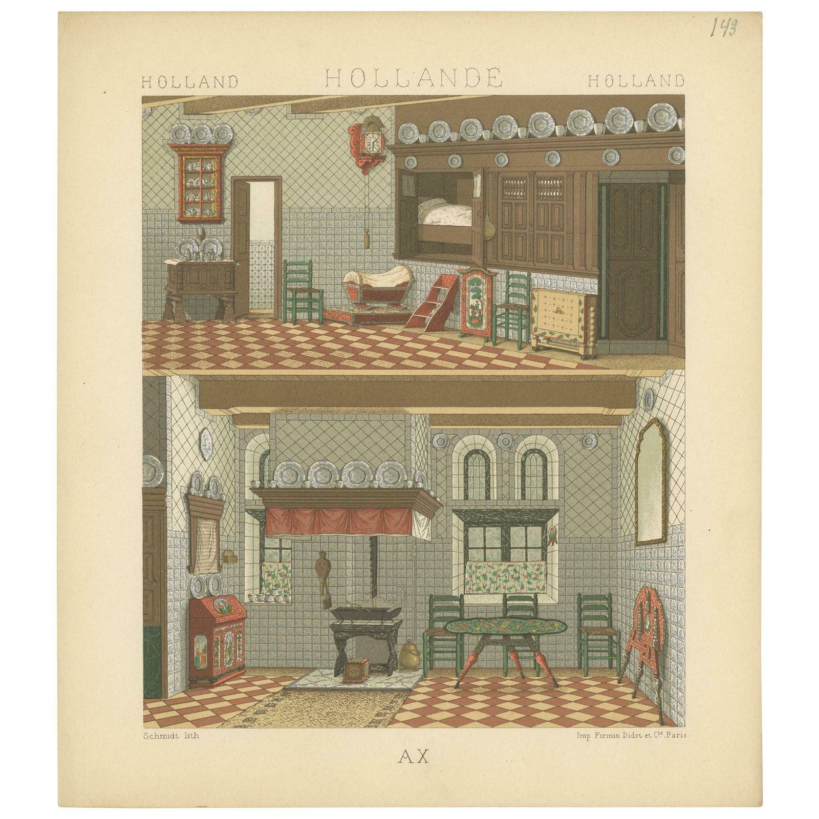 Pl. 143 Antique Print Of Holland Interior By Racinet, 'Circa 1880'