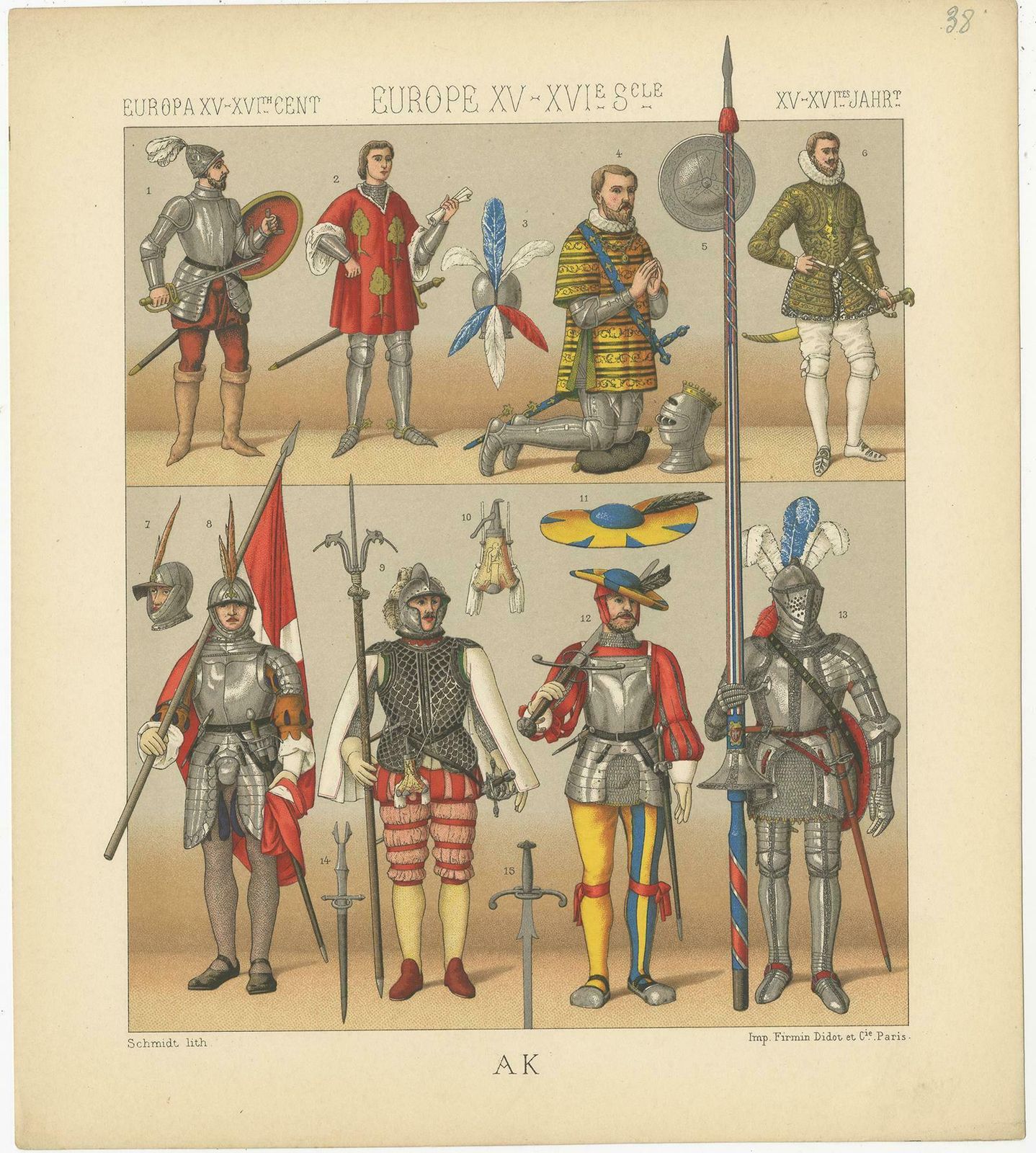 Pl 38 Antique Print Of European 15th 16th Century Armament By Racinet photo furniture