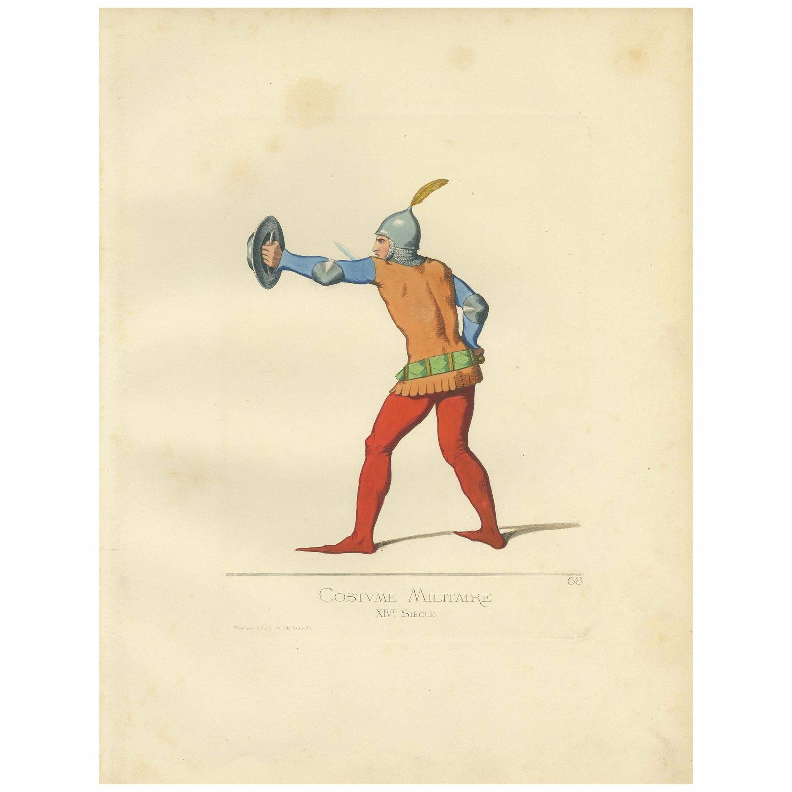 Antique Print Of A 14th Century Italian Military Costume By Bonnard, 1860