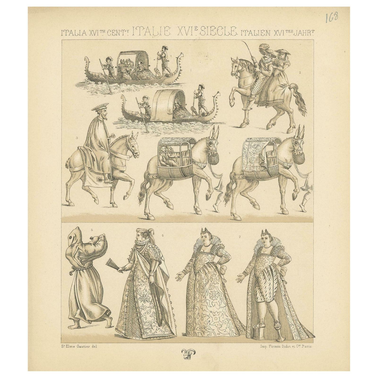 Pl. 168 Antique Print Of 16th Century Italian Scenes By Racinet