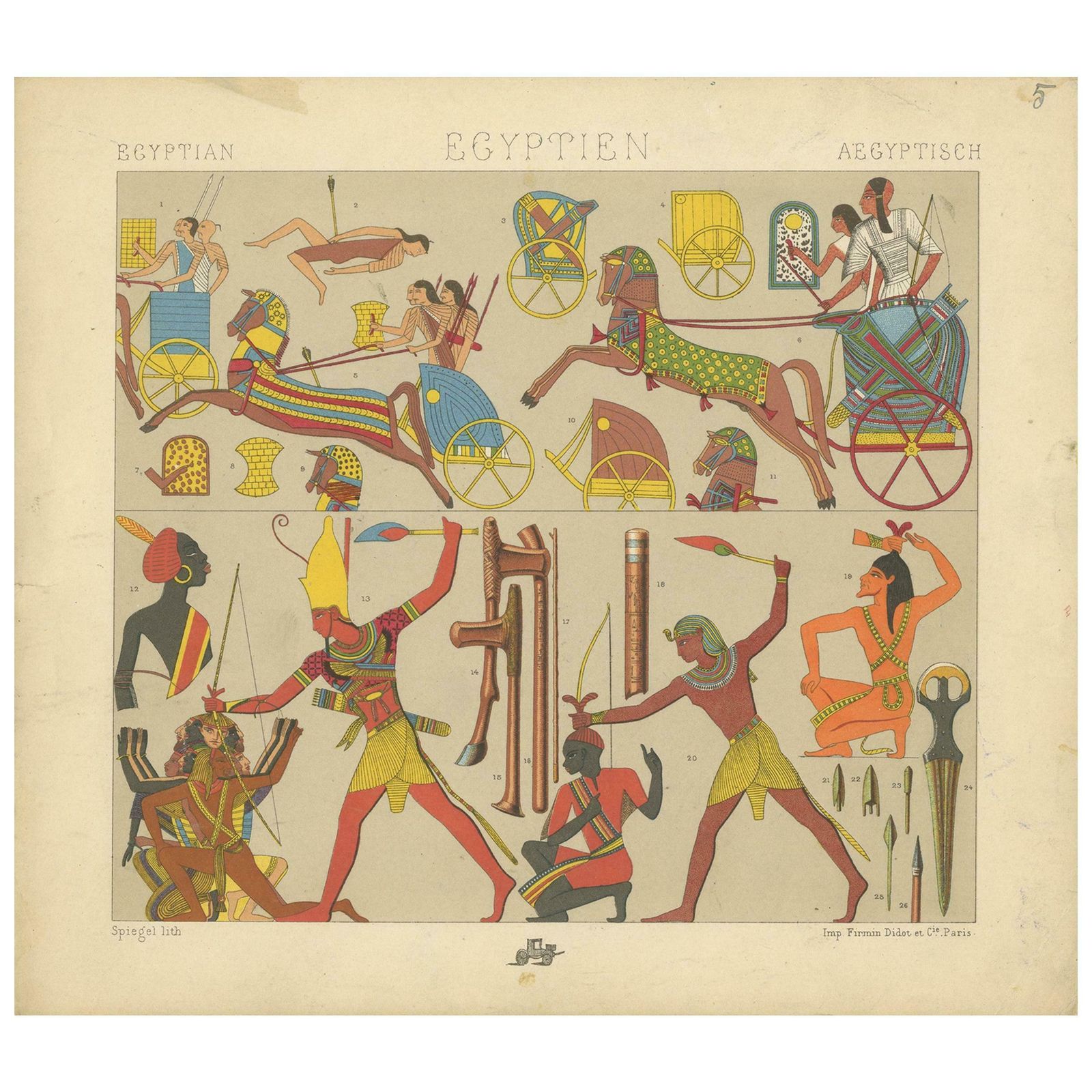 Pl. 5 Antique Print Of Egyptian Battle Scenes By Racinet, 'Circa 1880'