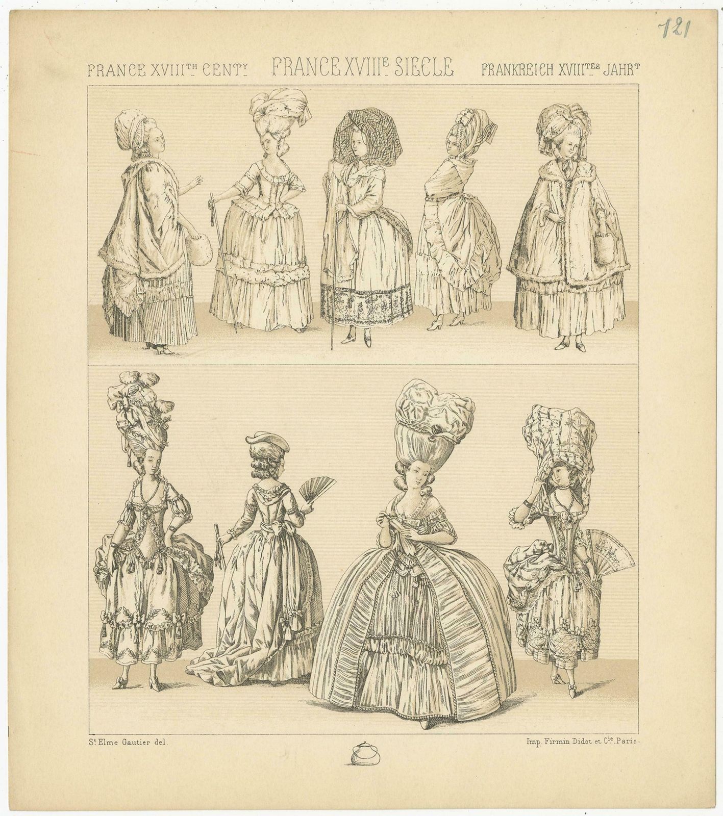 Pl. 121 Antique Print Of French 18th Century Dresses By Racinet, 'Circa 1880' photo for sale