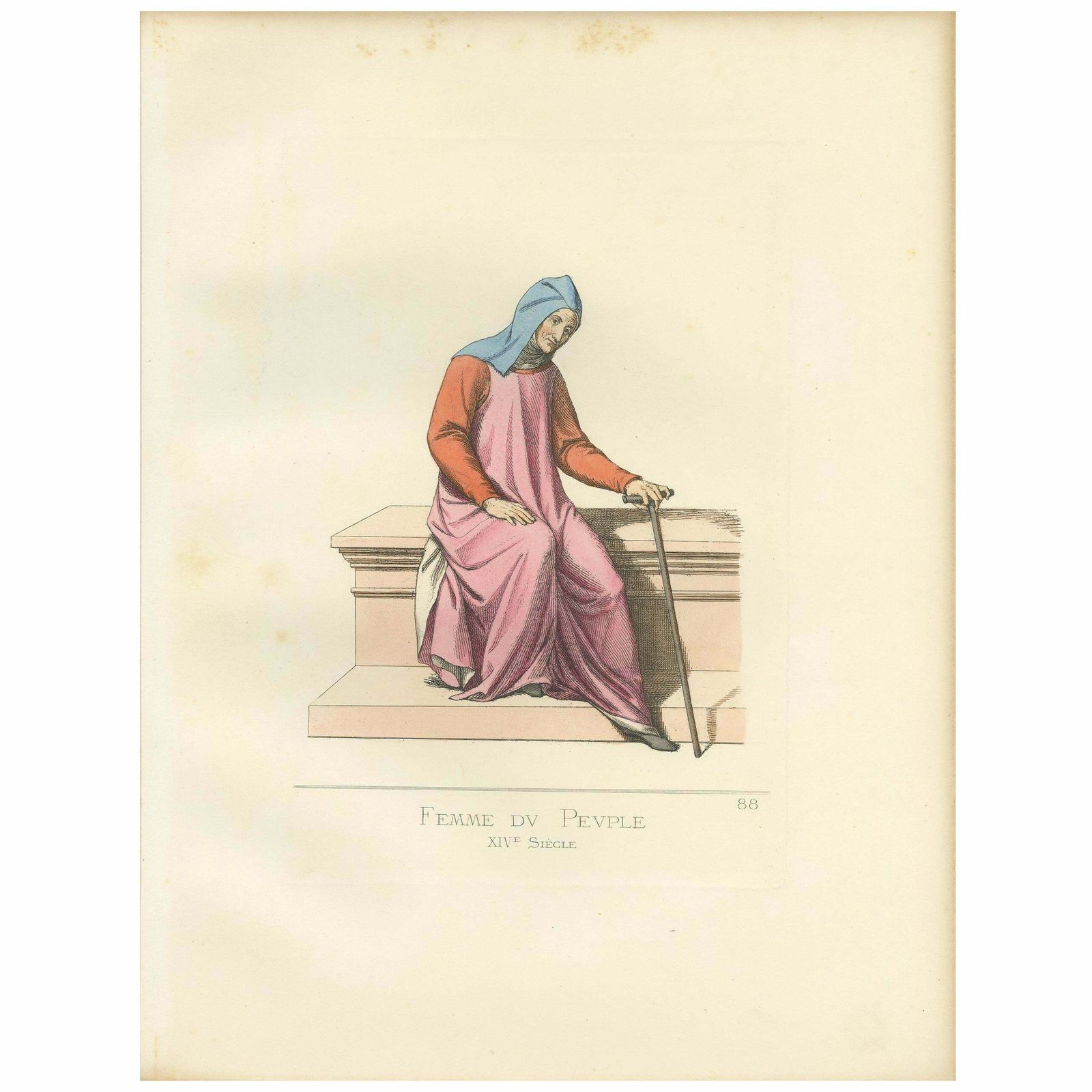 Antique Print Of An Italian 'Common' Woman, 14th Century, By Bonnard, 1860