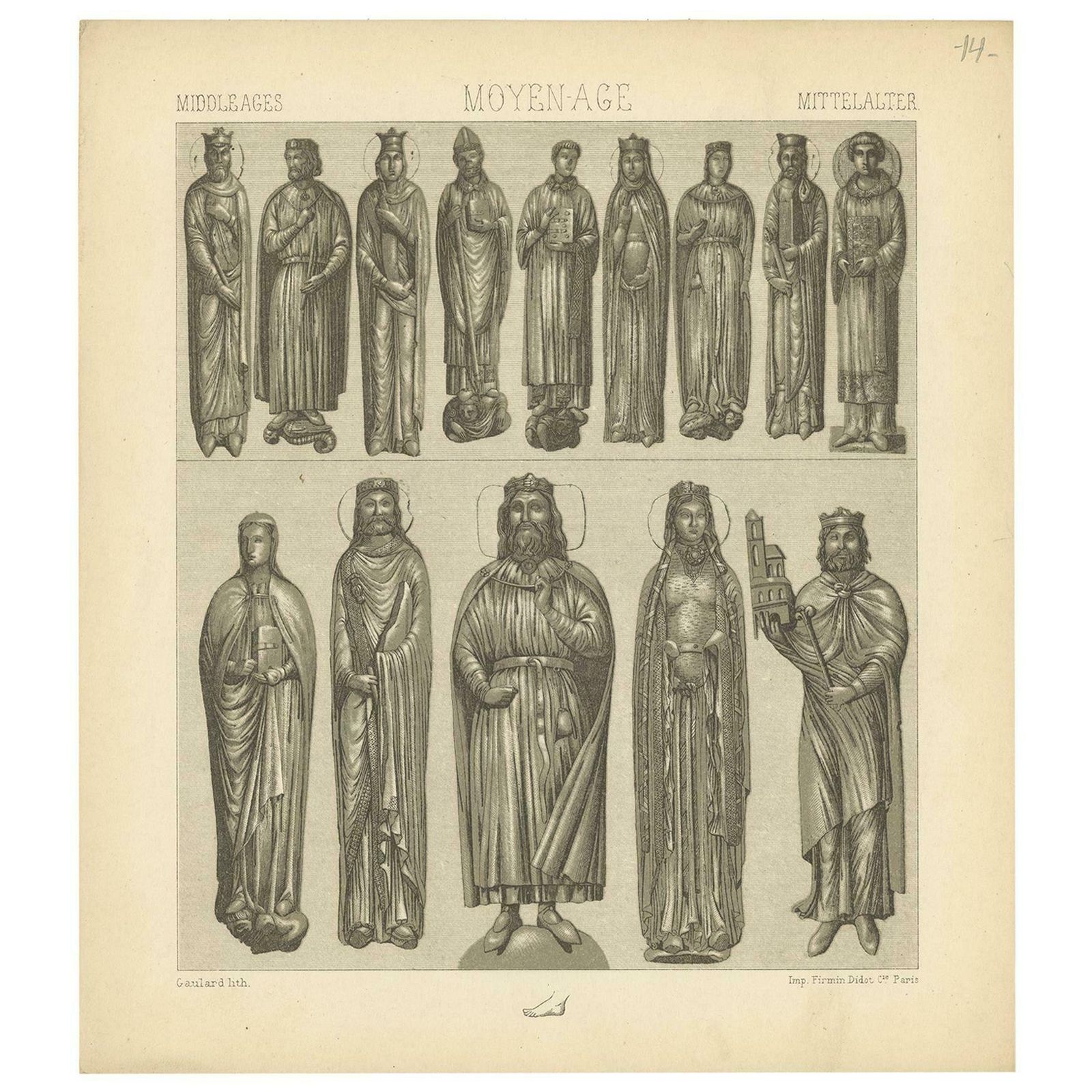 Pl. 14 Antique Print Of Middle Ages Statues Objects By Racinet 'Circa 1880'
