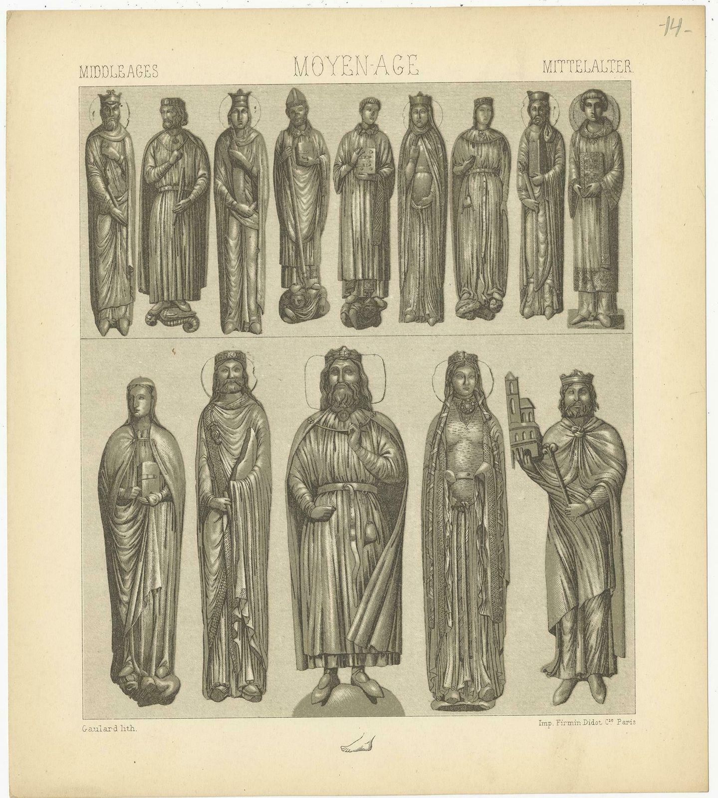 Pl. 14 Antique Print Of Middle Ages Statues Objects By Racinet 'Circa 1880' photo Art