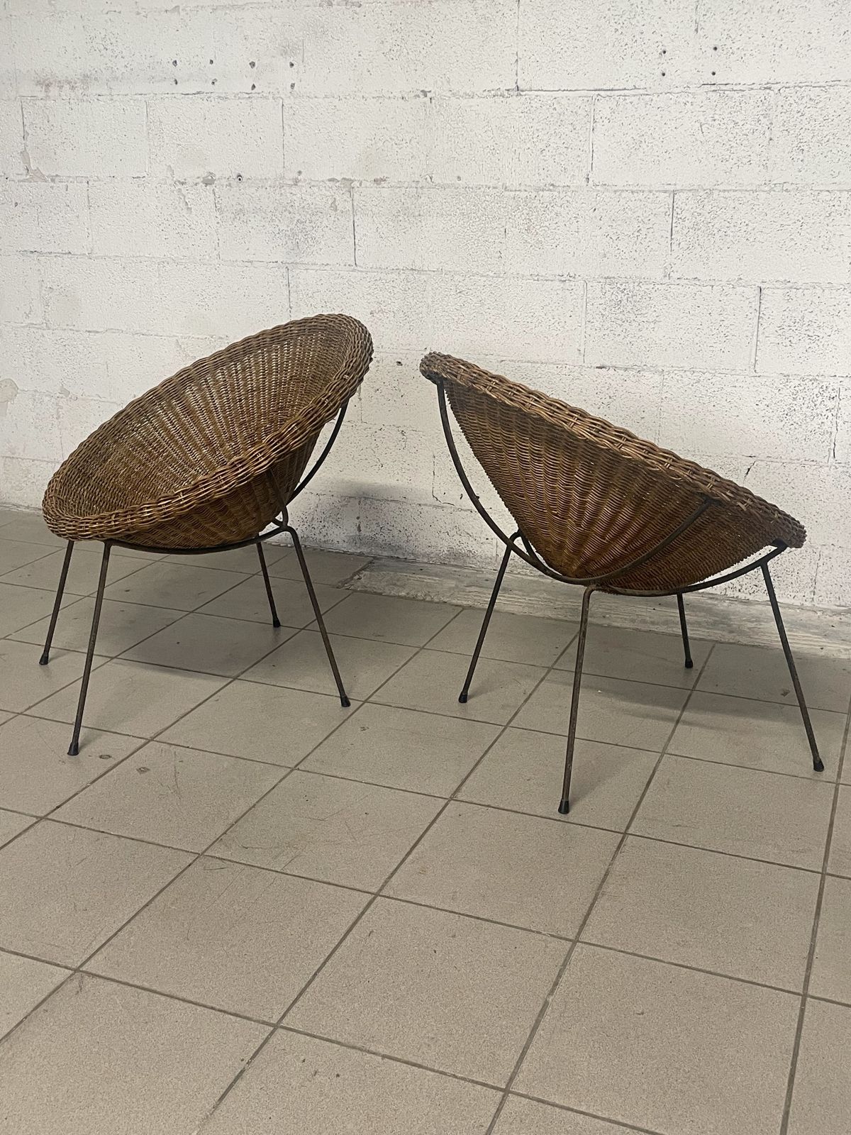 Pair Of Armchairs With Wicker Seat, 1950s