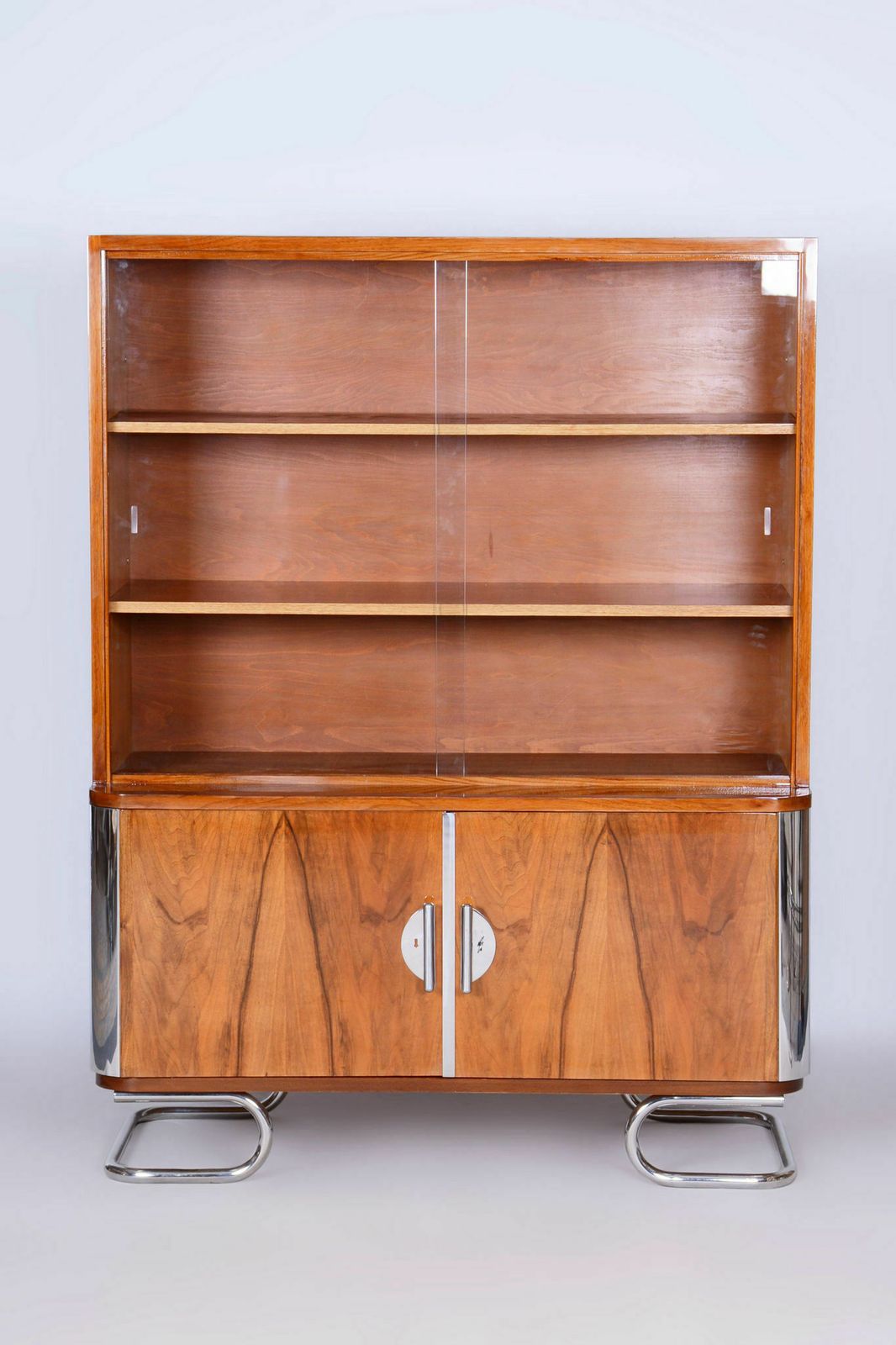 Restored Art Deco Bookcase, By Vichr A Spol., Walnut, Glass, Czech, 1930s photo Furniture
