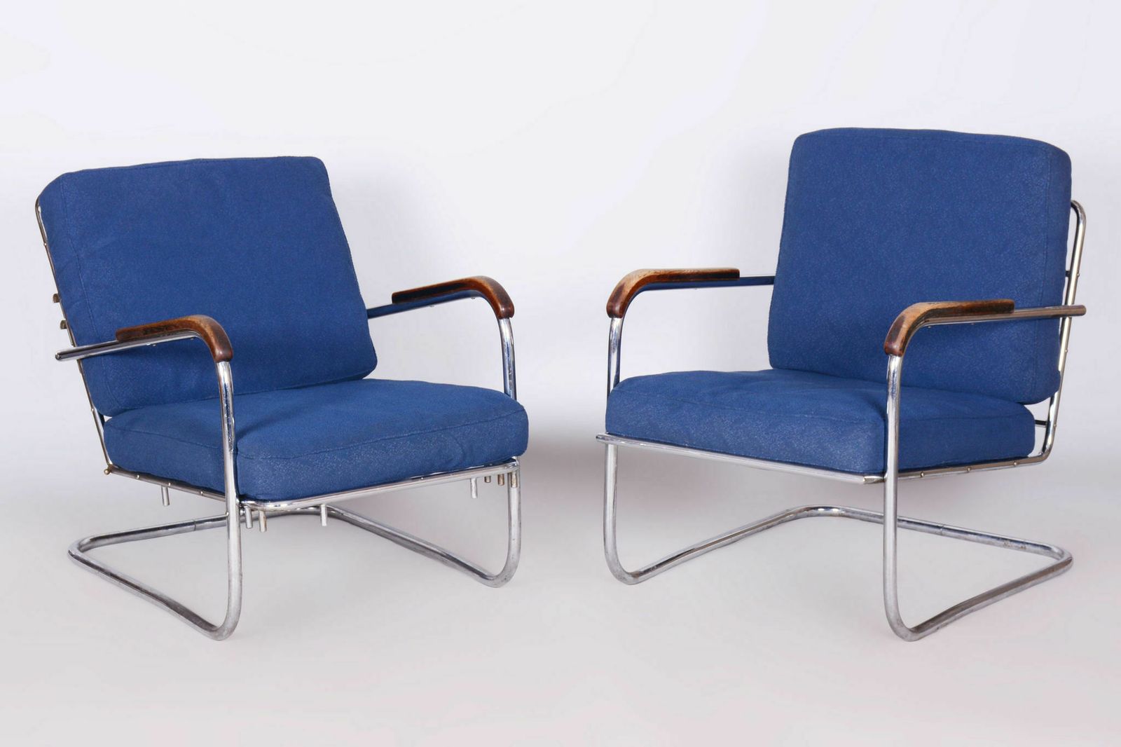 Original Bauhaus Pair Of Armchairs, Chrome Plated Steel, Switzerland, 1930s