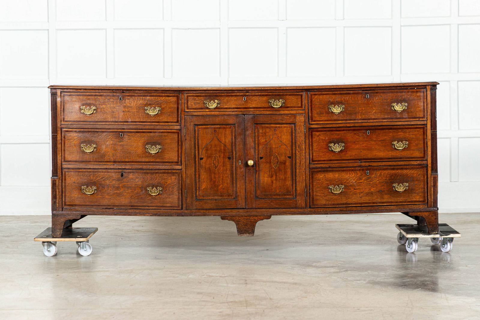 Large English George III Oak Inlaid Dresser Base