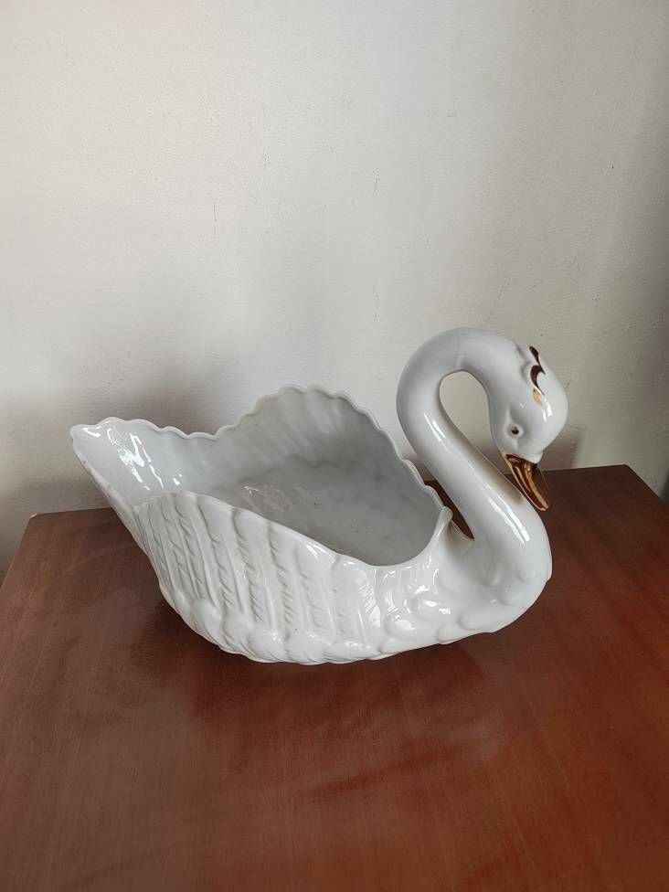 Beautiful Vintage Large White And Gold Detailed Swan Planter photo for sale