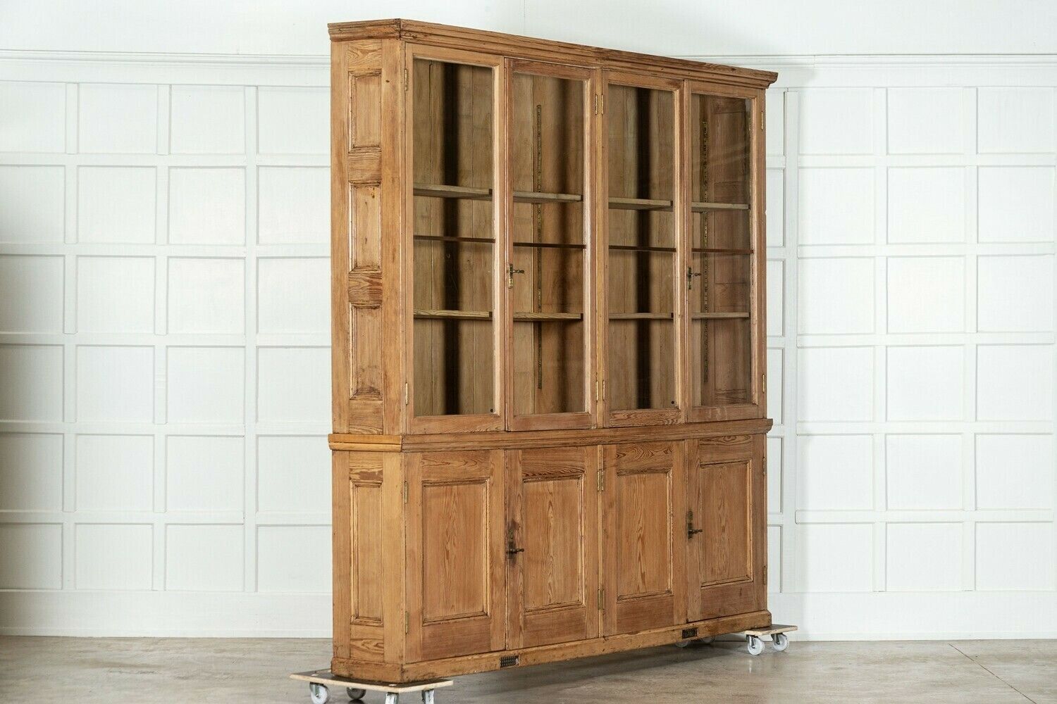 Monumental English Pine Glazed Bookcase Cabinet photo Furniture