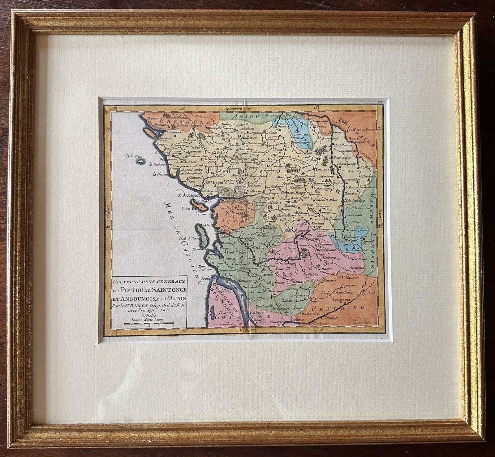 Original Antique Map Of West Central France In Frame, 1748 photo furniture