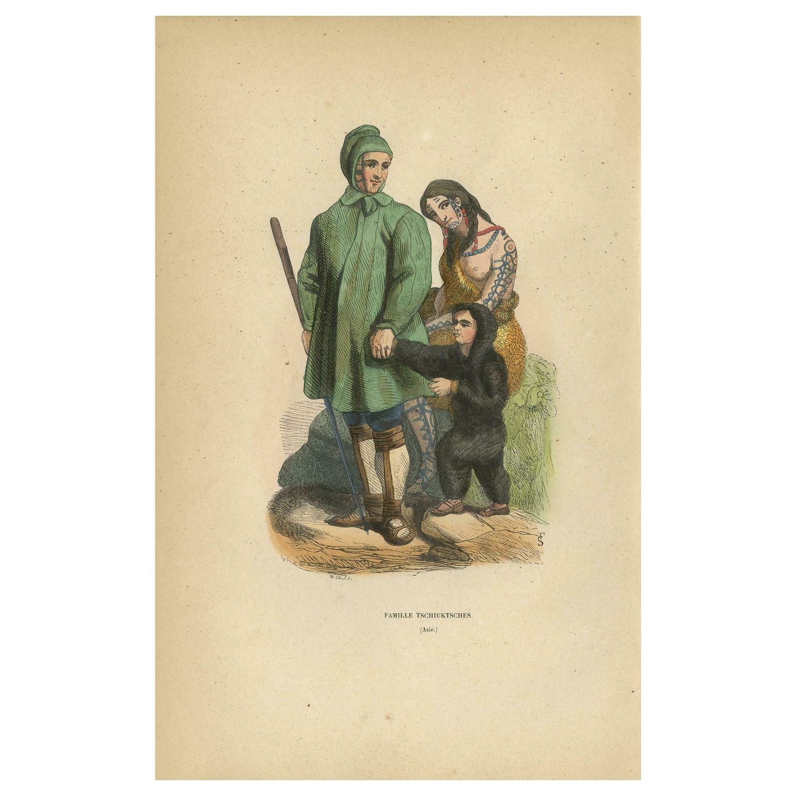 Antique Print Of A Chukchi Family By Wahlen, 1843