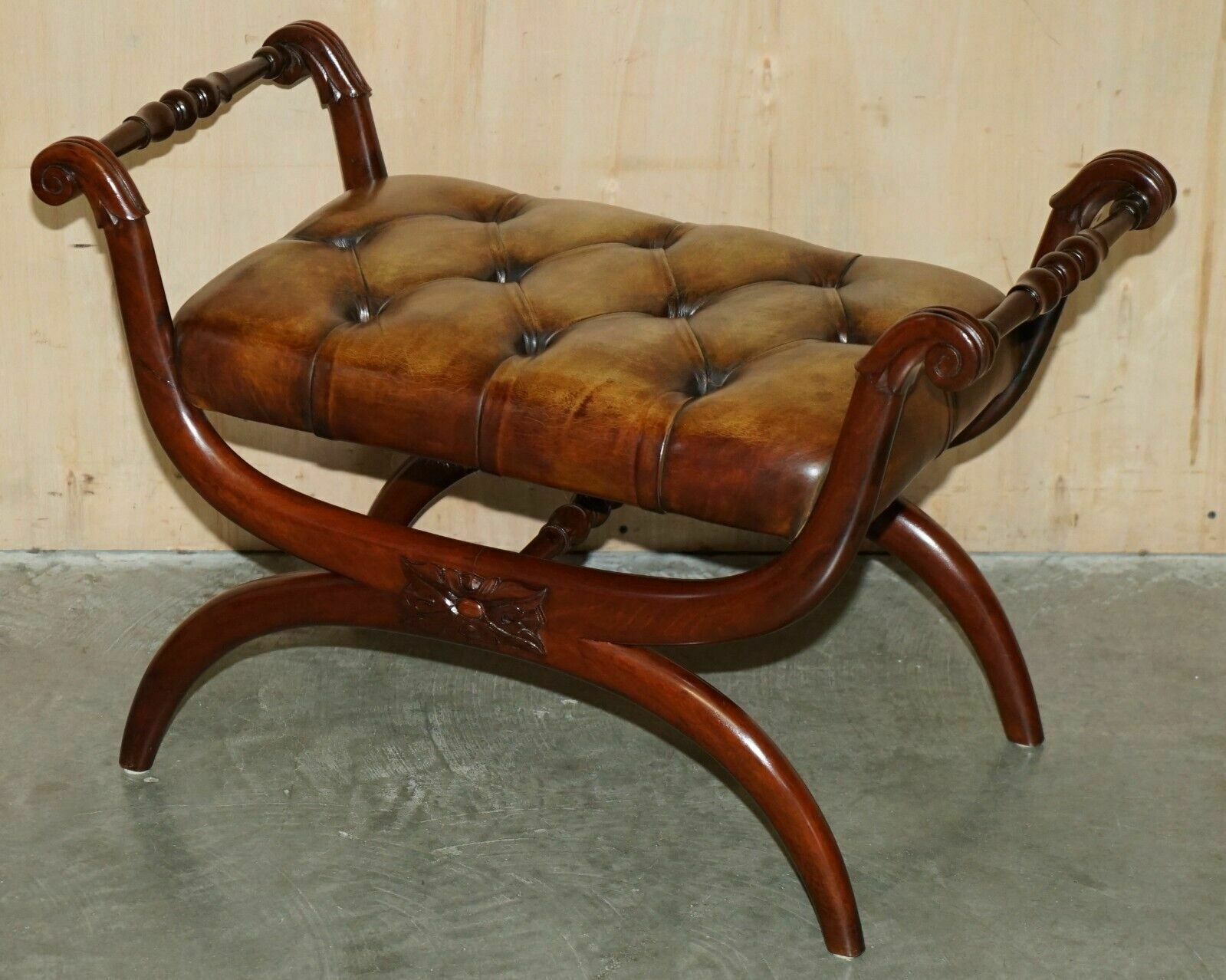Pair Of Antique Brown Leather Chesterfield Tufted Regency Framed Footstools photo furniture