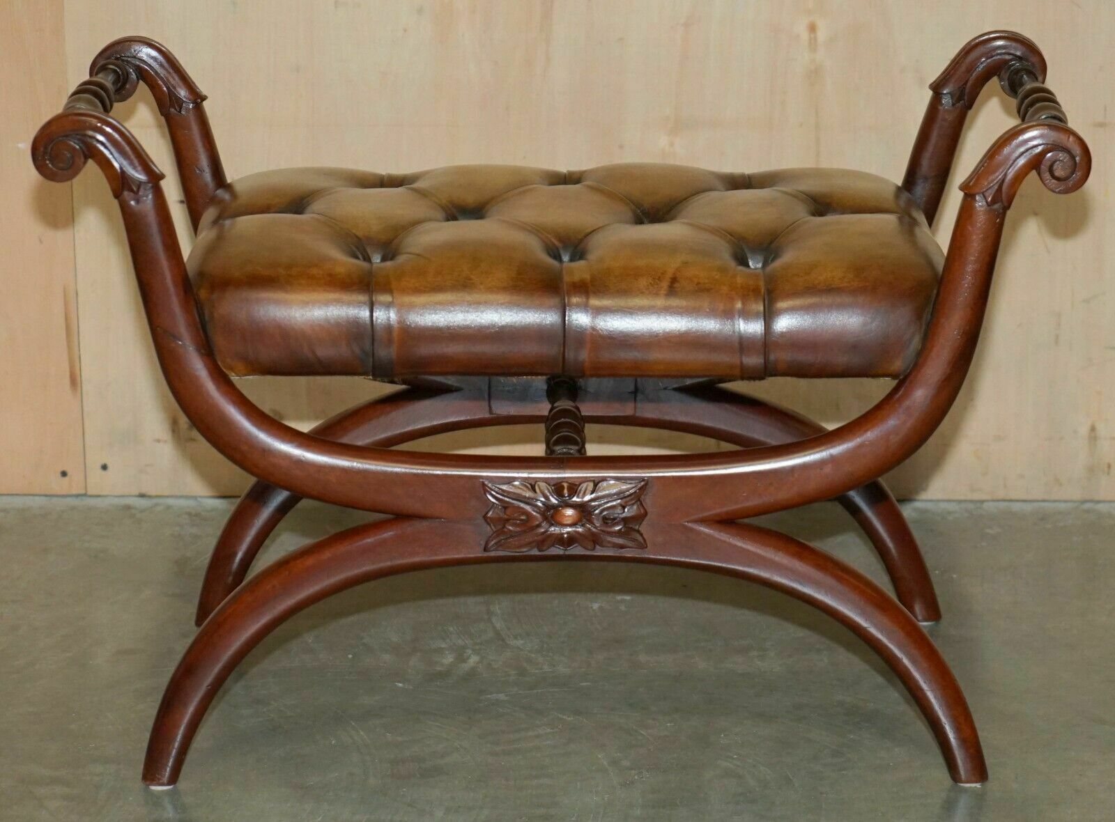 Pair Of Antique Brown Leather Chesterfield Tufted Regency Framed Footstools photo for sale
