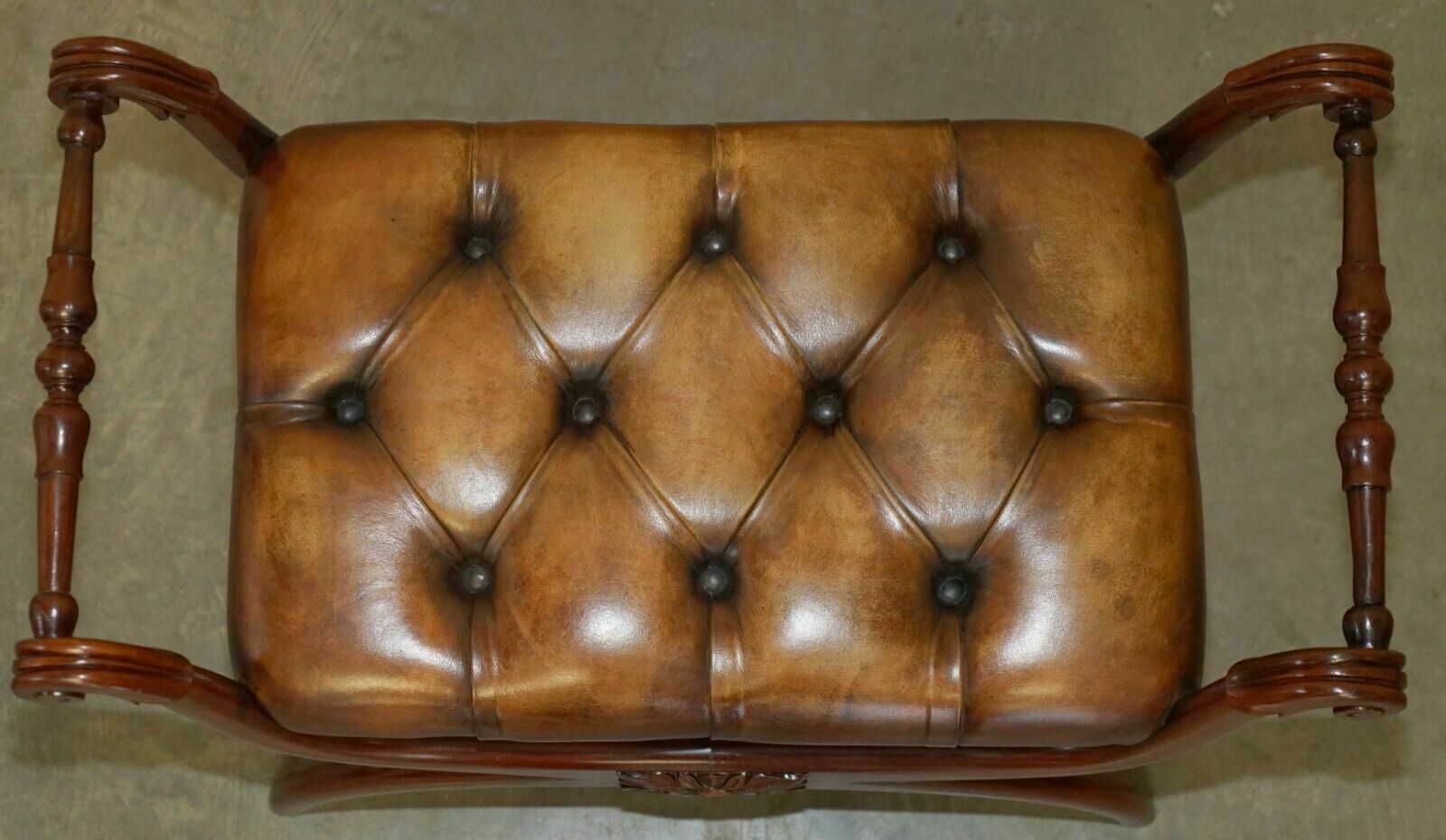 Pair Of Antique Brown Leather Chesterfield Tufted Regency Framed Footstools photo vintage