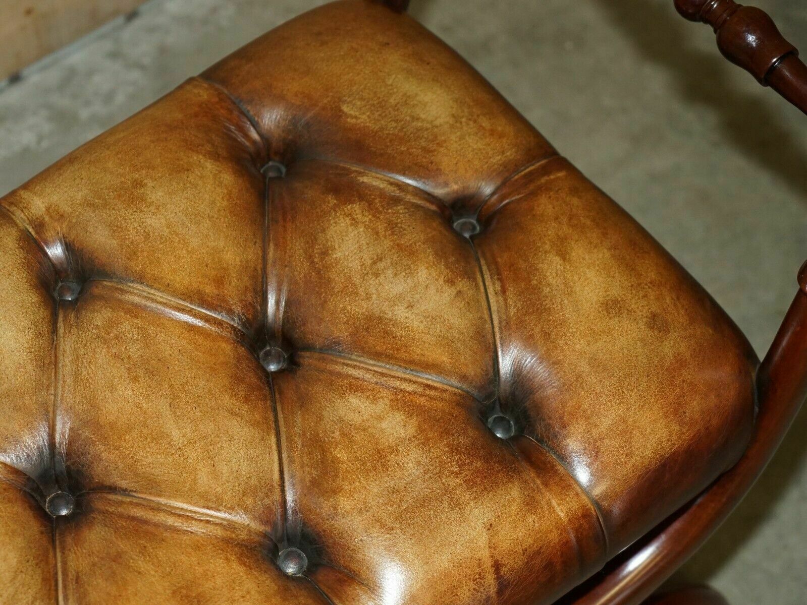 photo for sale Pair Of Antique Brown Leather Chesterfield Tufted Regency Framed Footstools