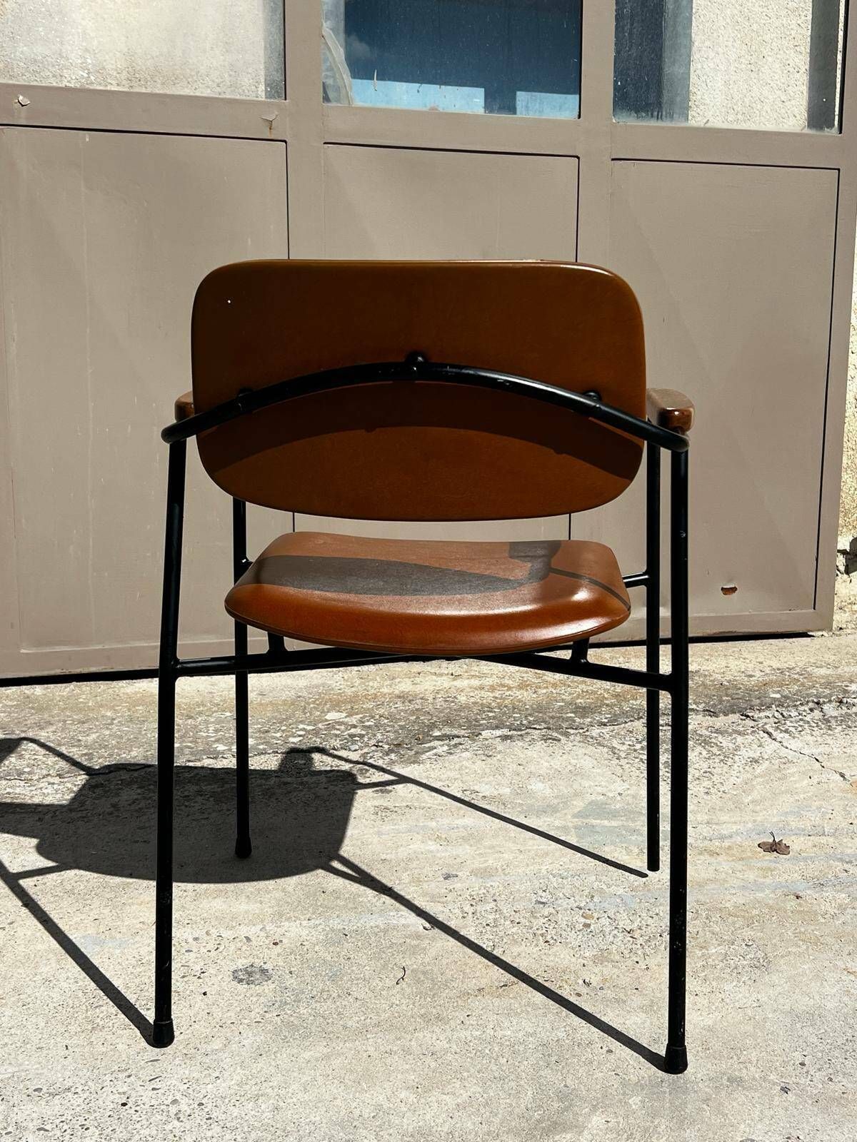 Armchair In Metal, Oak And Imitation Leather Vintage 1950 photo Furniture