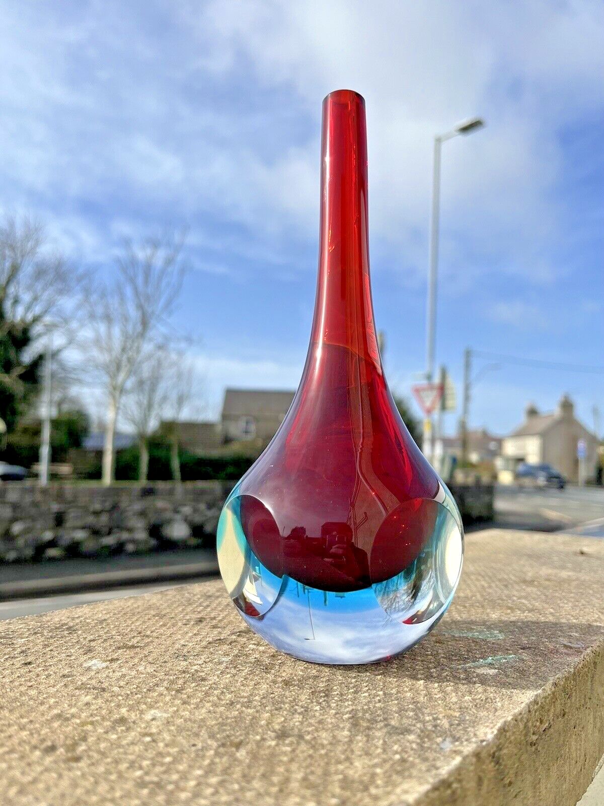 Unusual Vintage Red & Blue Sommerso Round Faceted Glass Bud Vase Murano Style Cenedese Formia Oball 5th Avenue Fifth Ave photo for sale