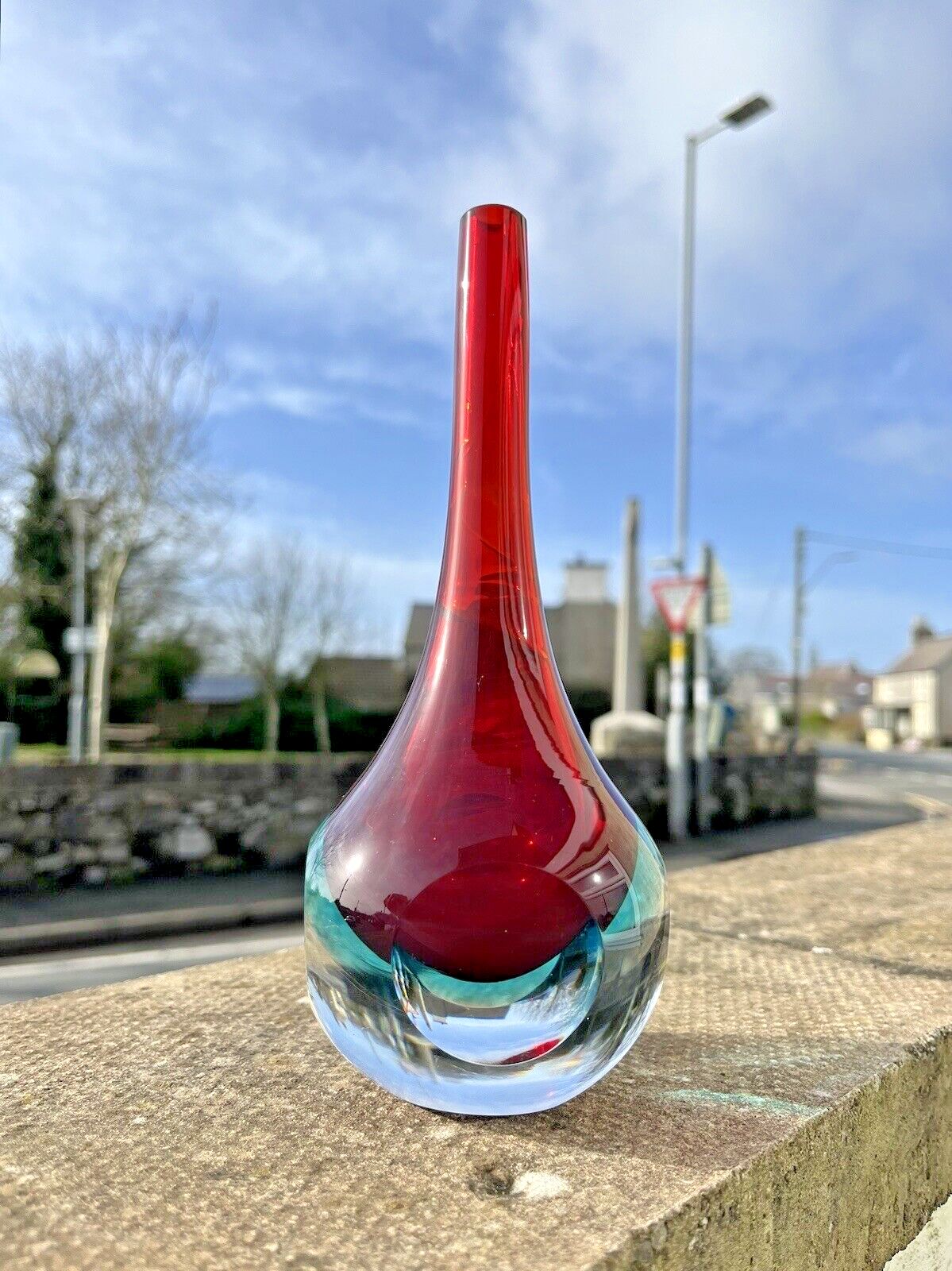 Unusual Vintage Red & Blue Sommerso Round Faceted Glass Bud Vase Murano Style Cenedese Formia Oball 5th Avenue Fifth Ave photo 115.0