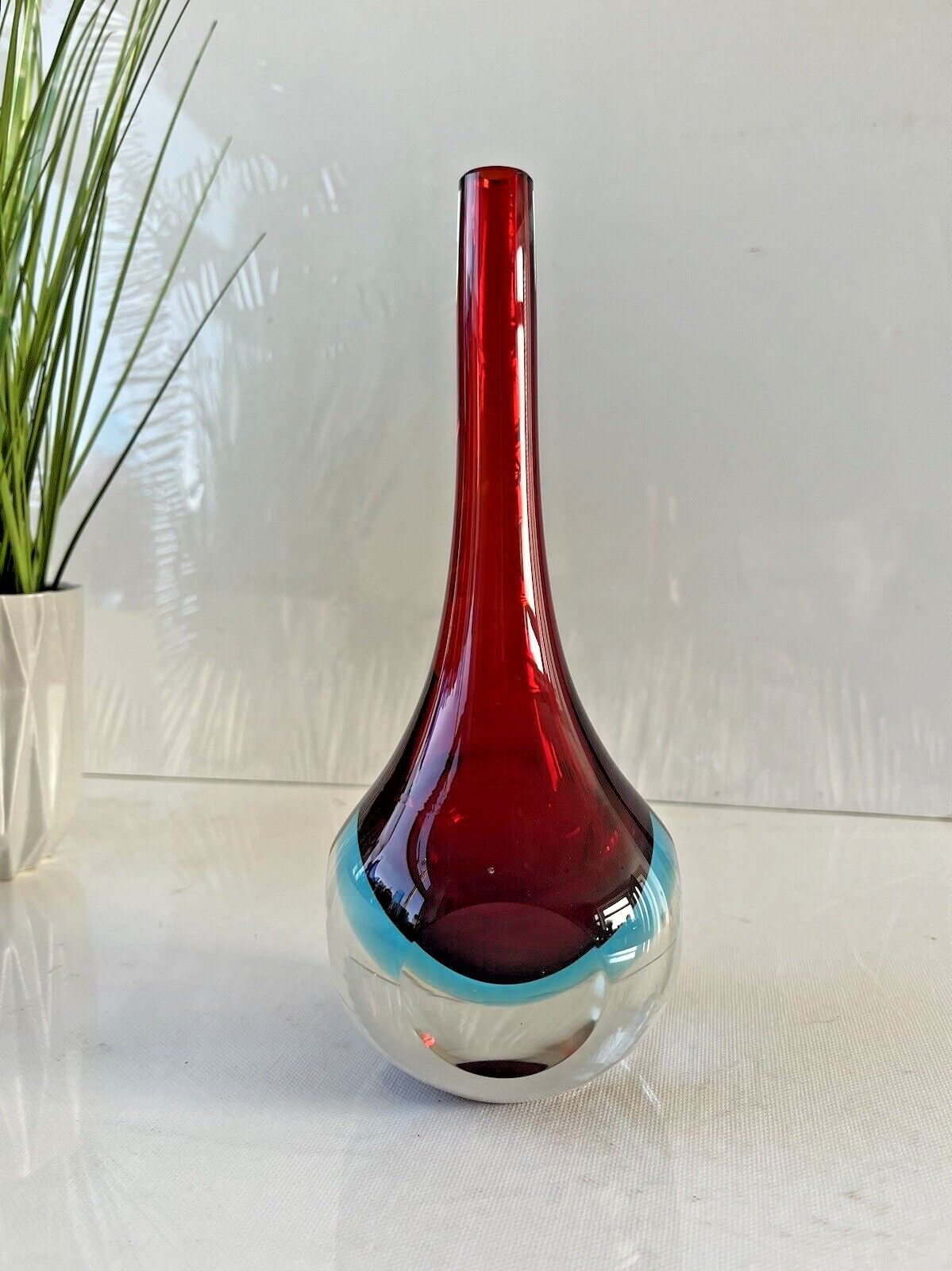 photo for sale Unusual Vintage Red & Blue Sommerso Round Faceted Glass Bud Vase Murano Style Cenedese Formia Oball 5th Avenue Fifth Ave