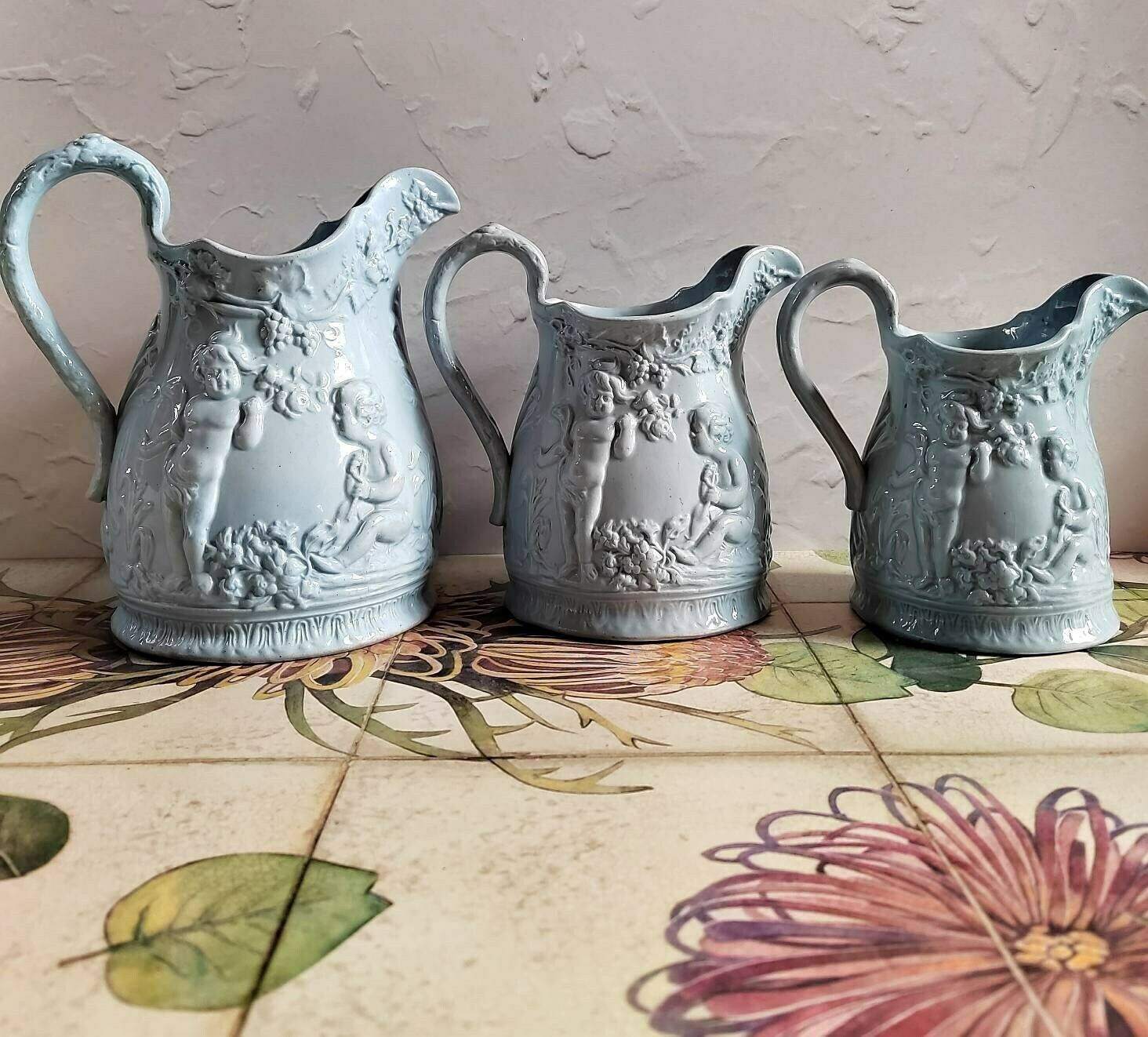 Set Of 3 Cherub Design Antique Jugs/ Ironstone Style Grey Pottery Jugs/ Vases