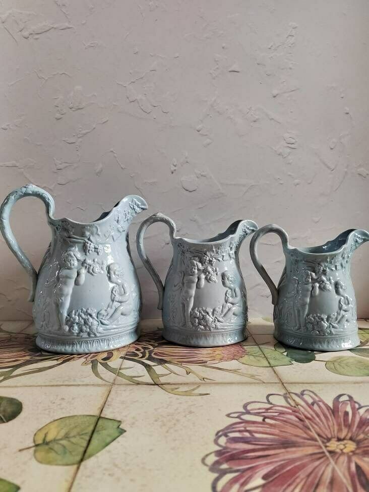 Set Of 3 Cherub Design Antique Jugs/ Ironstone Style Grey Pottery Jugs/ Vases photo Home Decor