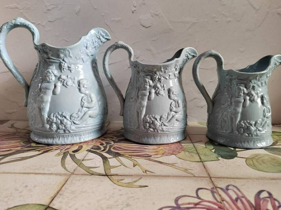 Set Of 3 Cherub Design Antique Jugs/ Ironstone Style Grey Pottery Jugs/ Vases photo 102.0