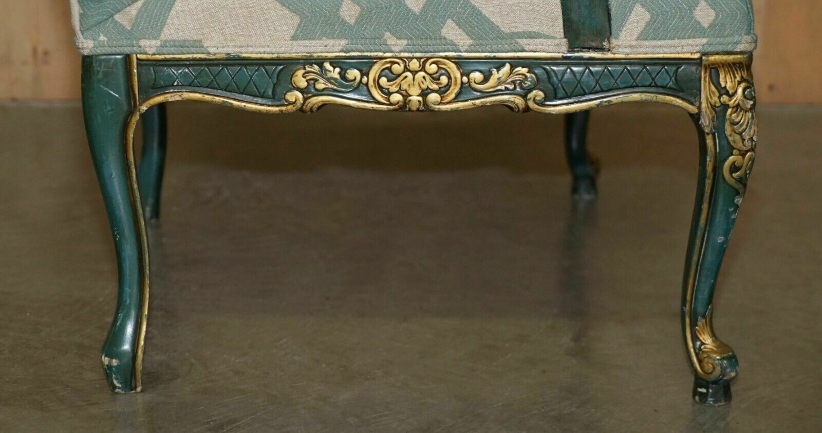 photo buy Pair Of Vintage Painted Green French Fratelli Armchairs Ornately Carved Frames