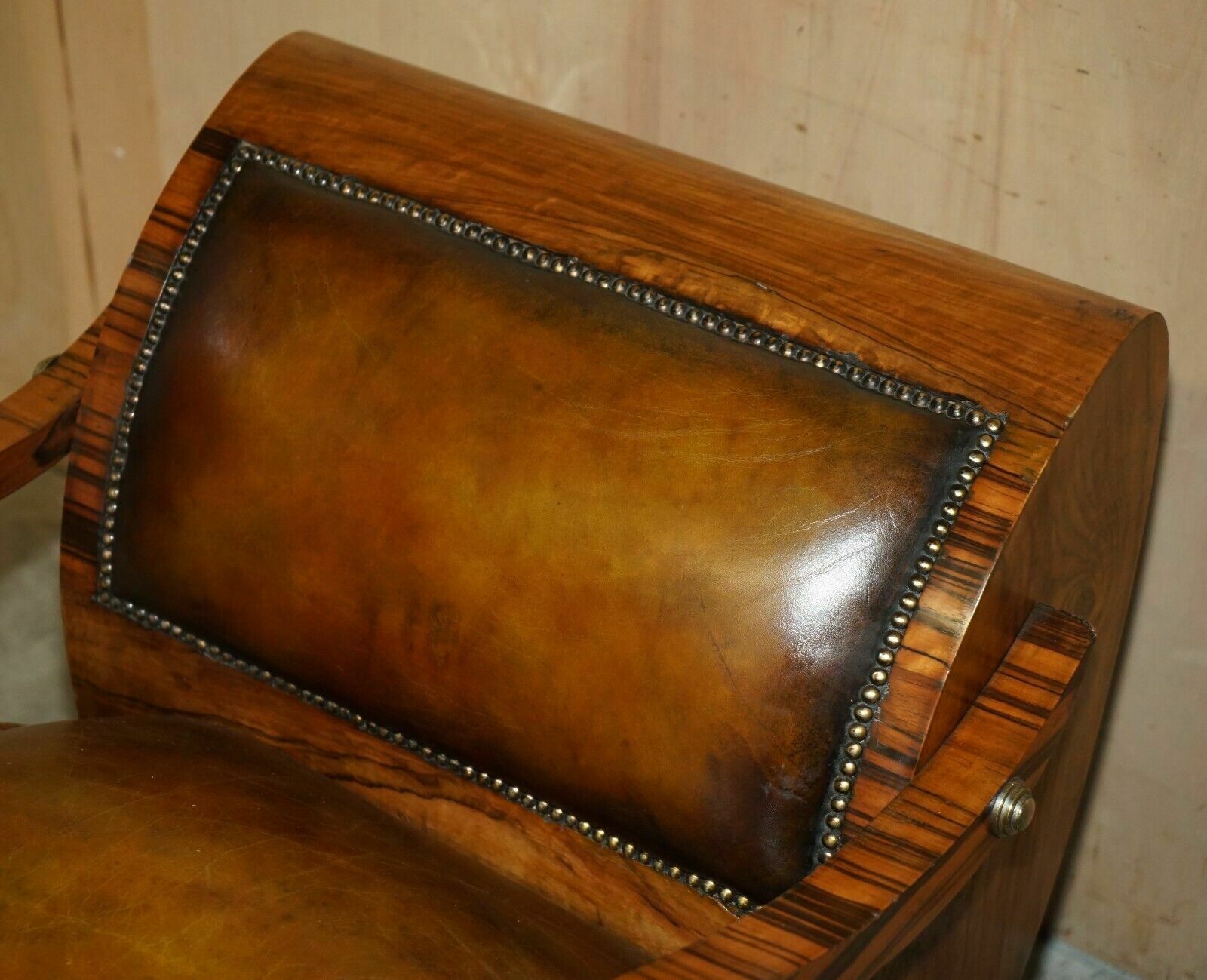 Fully Restored Art Deco Circa 1920's Zebrano Brown Leather Sofa Armchair Suite photo 15000.0