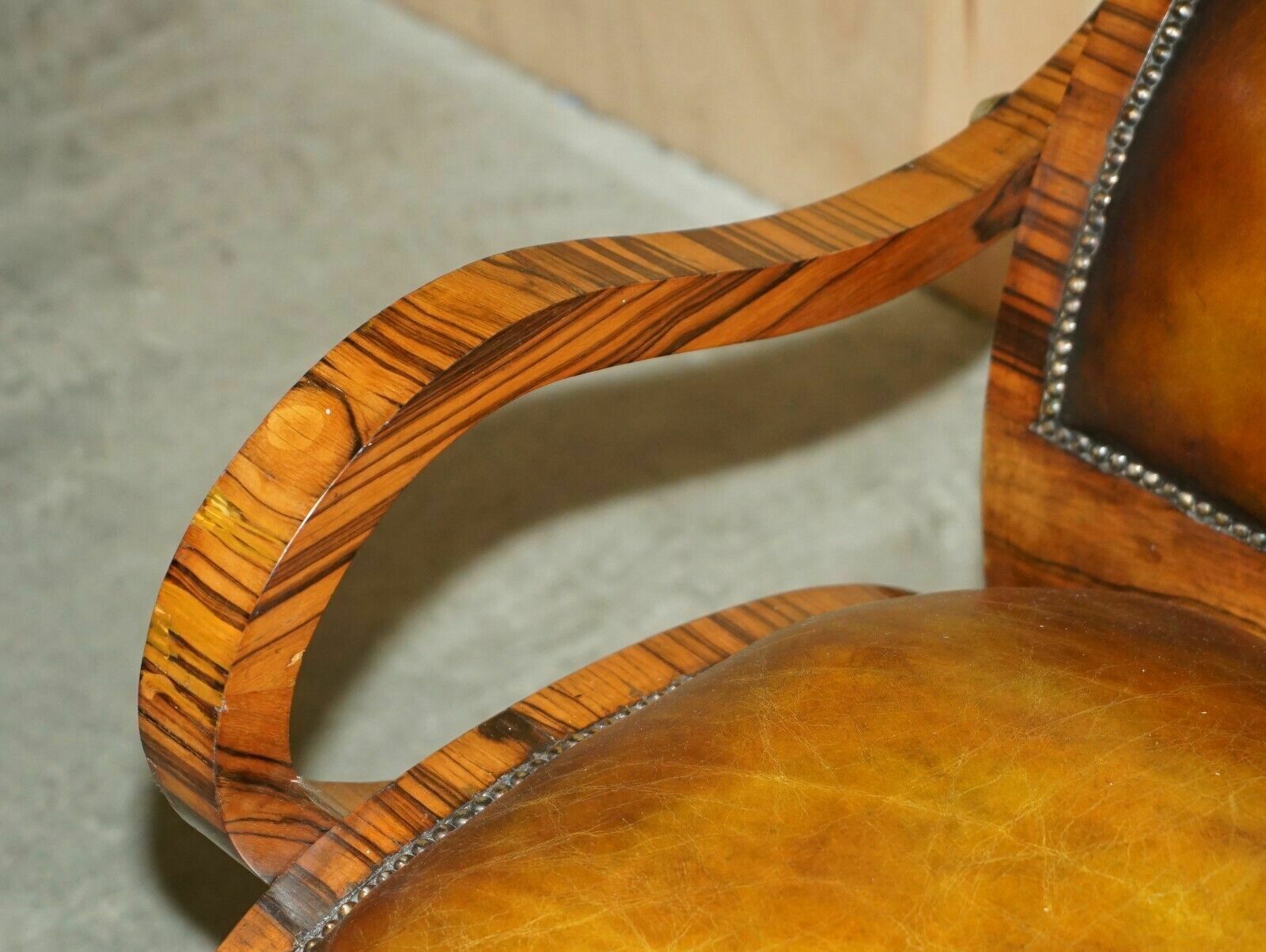 Fully Restored Art Deco Circa 1920's Zebrano Brown Leather Sofa Armchair Suite photo vintage