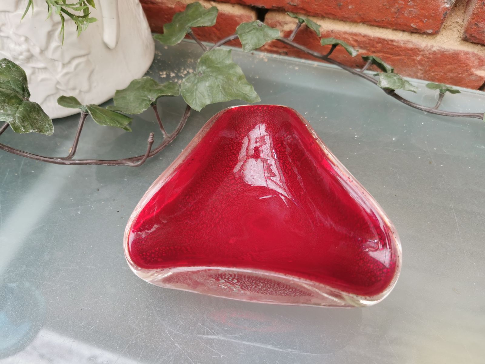 Mid Century Murano Barbini Red Bowl With Silver Leaf photo for sale