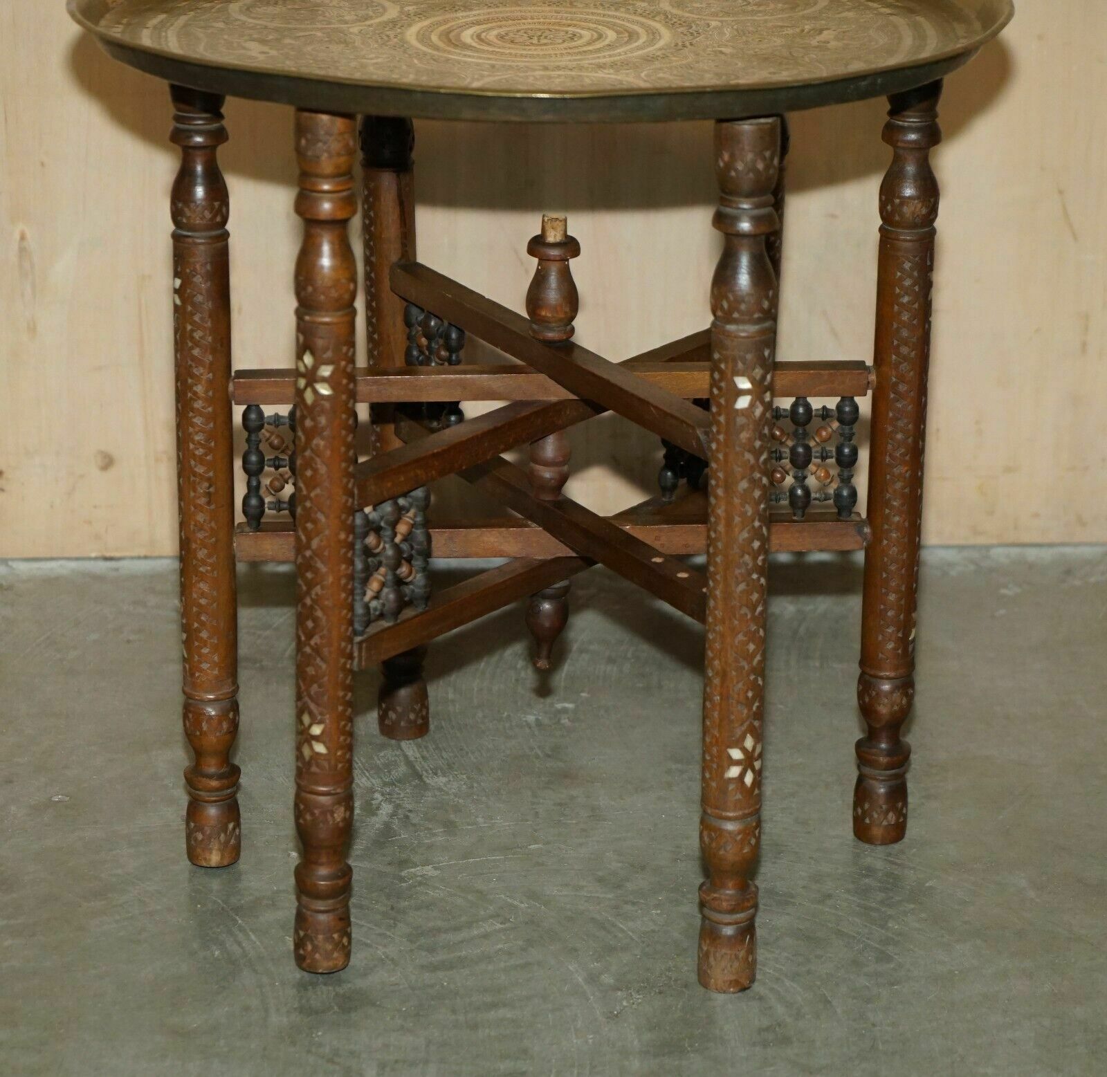 Antique Hand Carved Liberty's London Moroccan Folding Tray Table Zodiac Etchings photo for sale