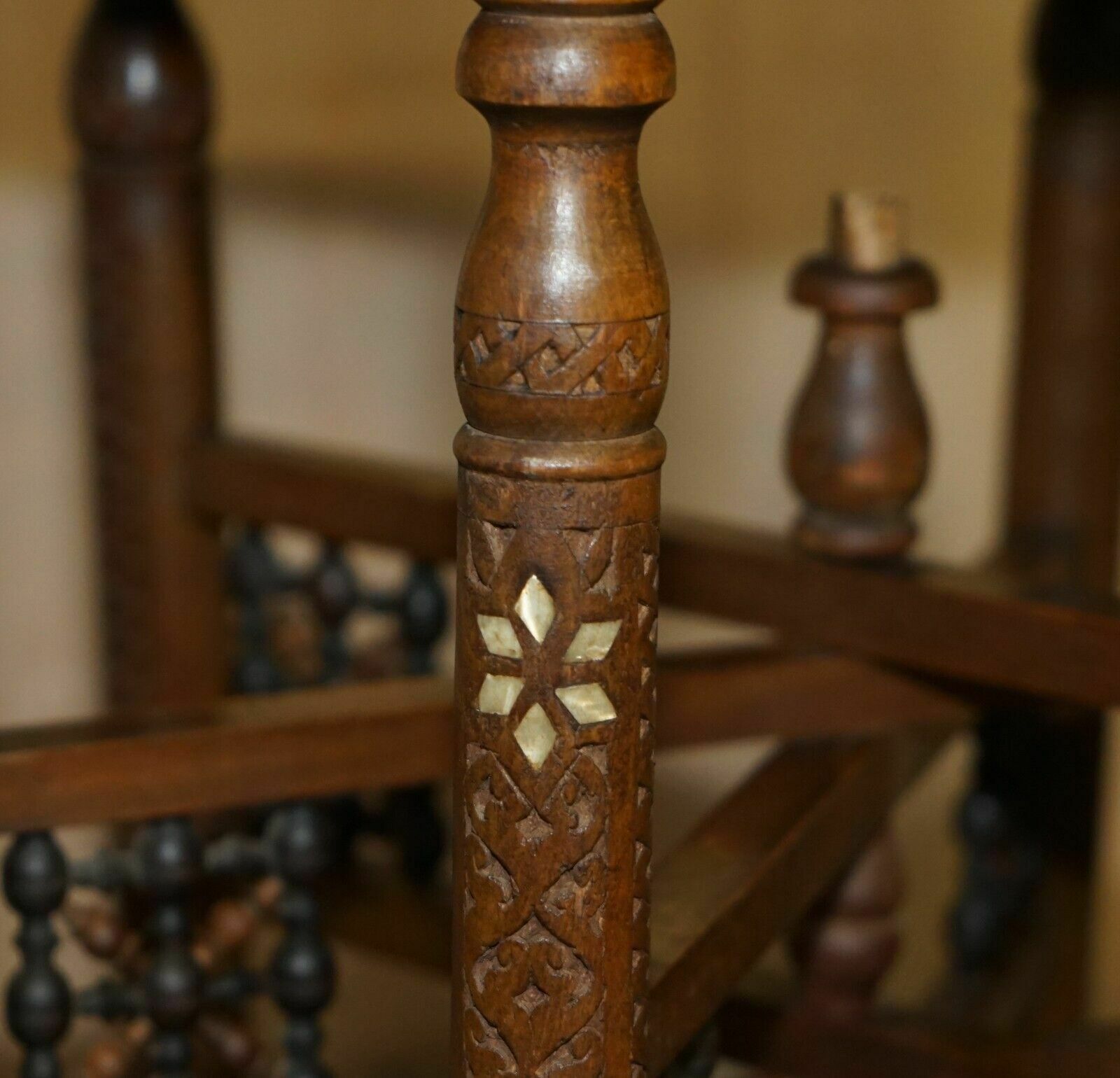 Antique Hand Carved Liberty's London Moroccan Folding Tray Table Zodiac Etchings photo vinterior