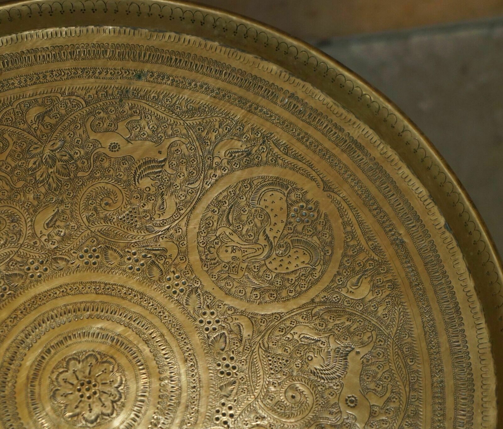 photo for sale Antique Hand Carved Liberty's London Moroccan Folding Tray Table Zodiac Etchings