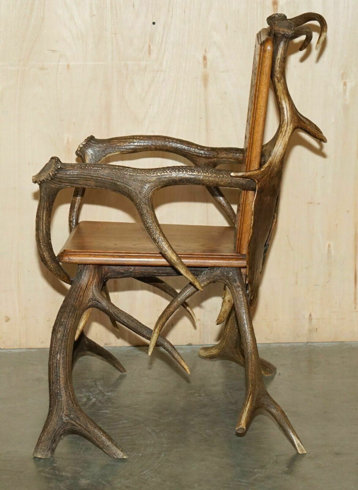 Furniture Pair Of Antique German Black Forest Carved Antler Armchairs Part Of A Suite photo