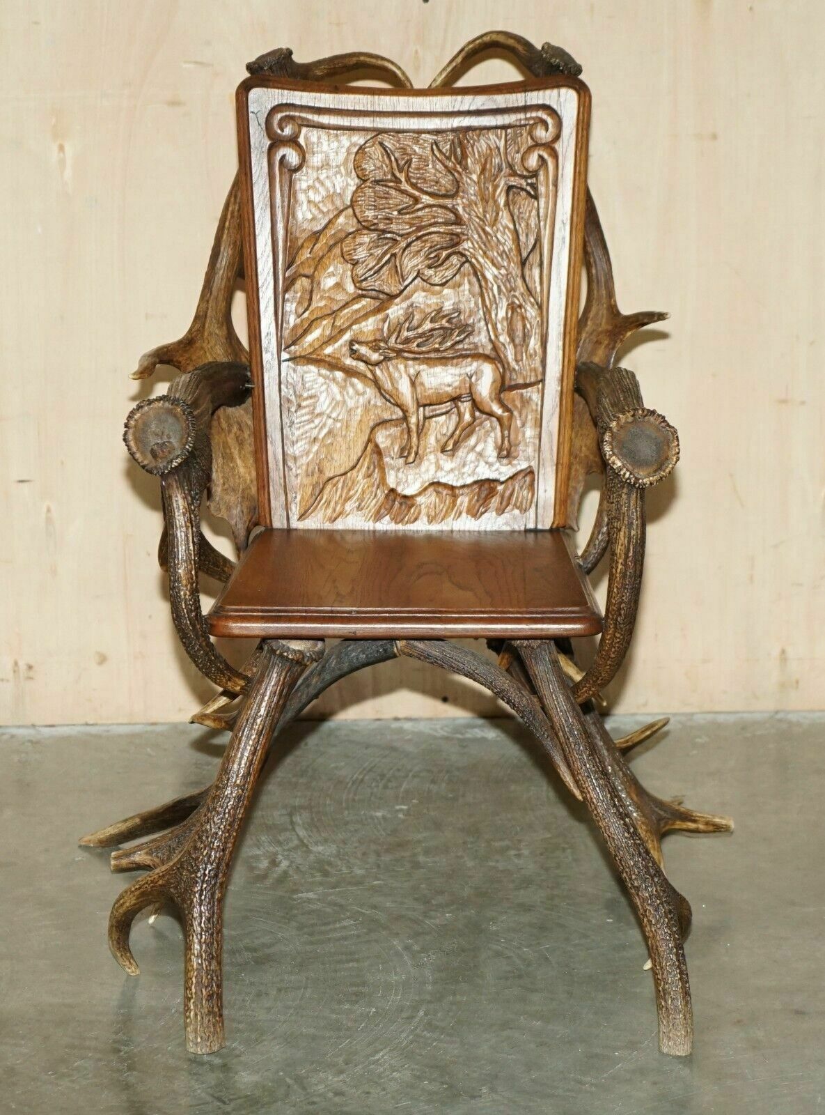 photo buy Pair Of Antique German Black Forest Carved Antler Armchairs Part Of A Suite