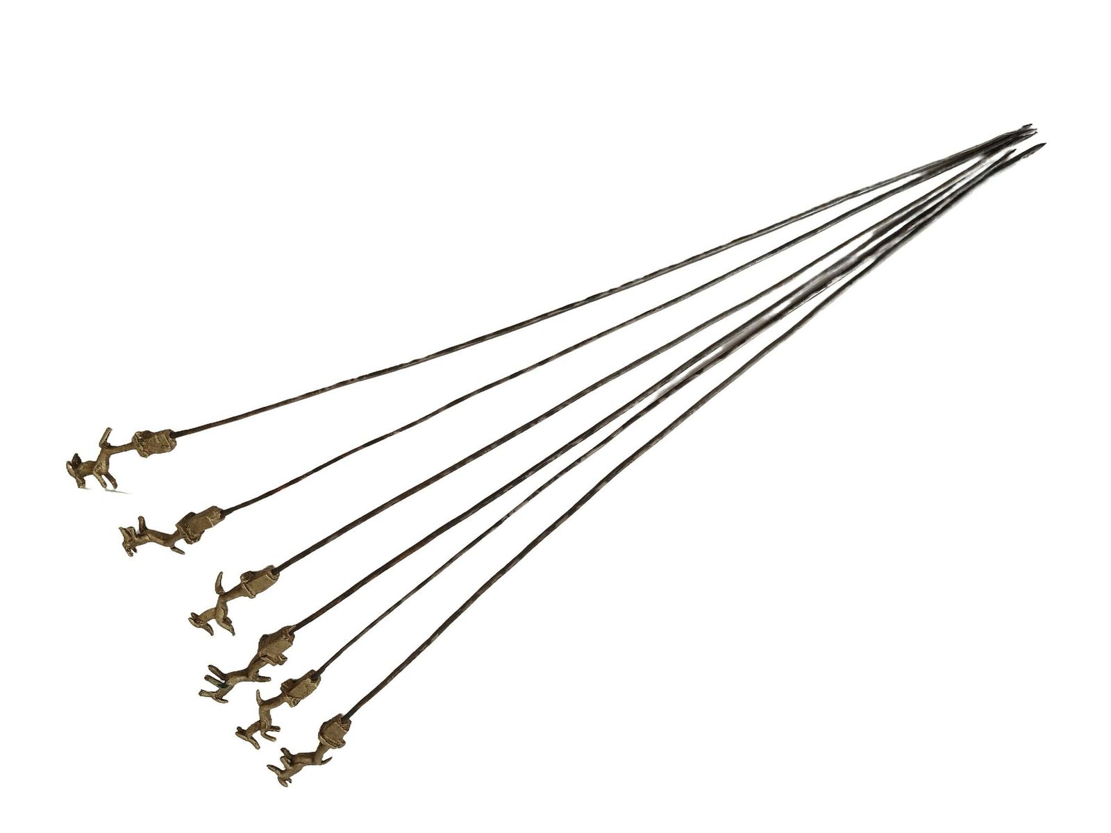 Akan Ashanti Bronze Meat Skewer Bbq Sticks With Antelope Figurine, Set Of 6, Collectible African Tribal & Folk Decor photo Home Decor