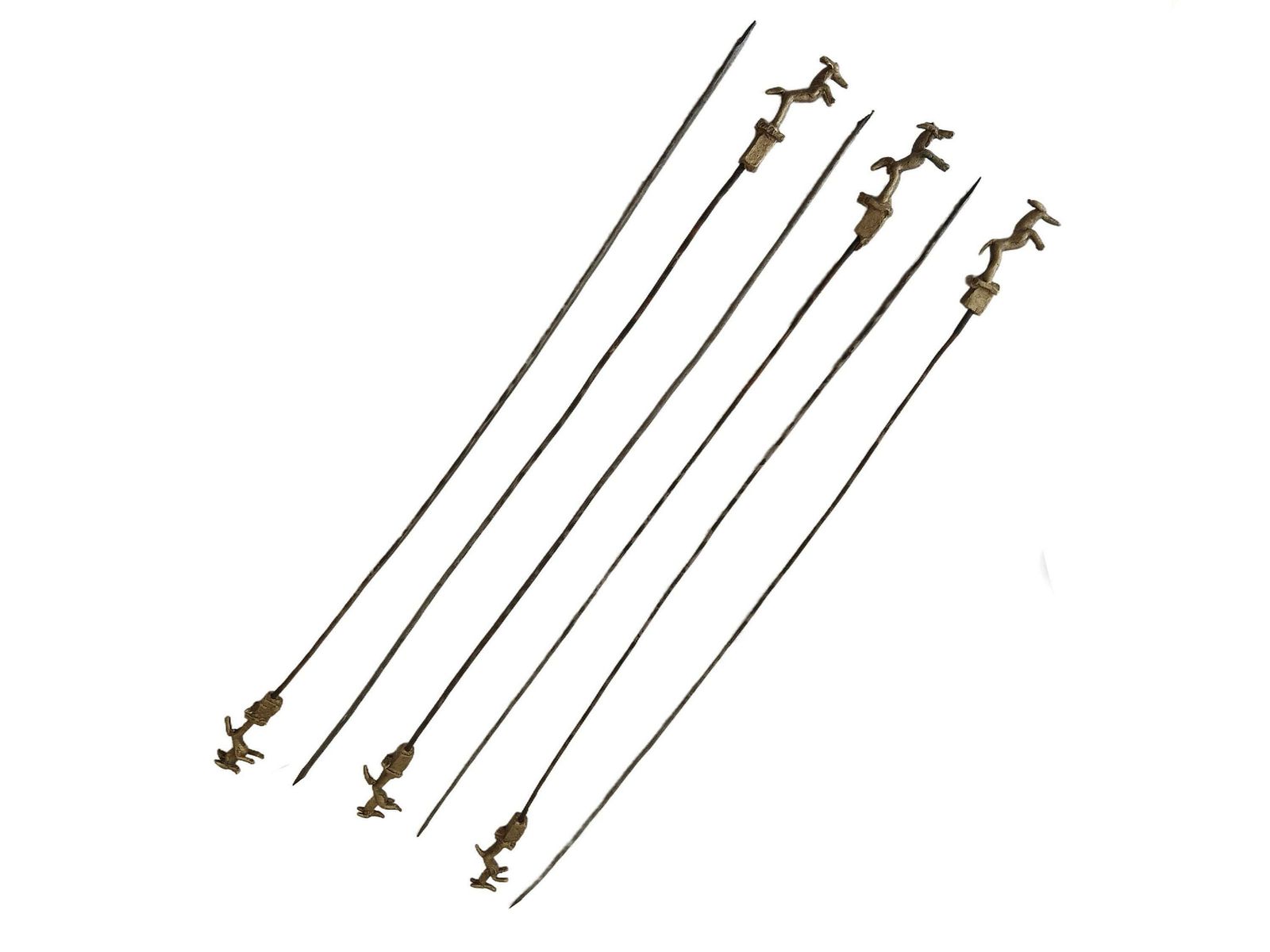 Akan Ashanti Bronze Meat Skewer Bbq Sticks With Antelope Figurine, Set Of 6, Collectible African Tribal & Folk Decor photo vintage