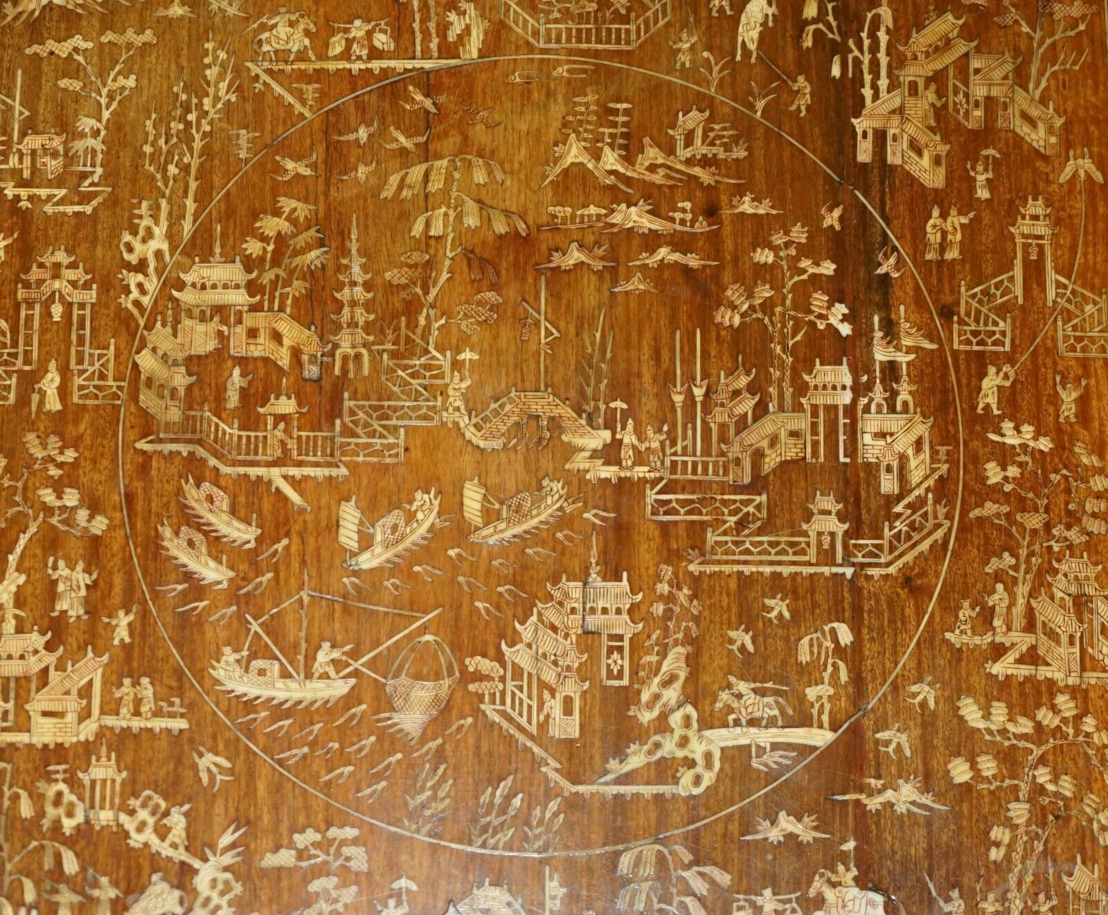 Furniture Antique Circa 1900 Ornately Carved And Heavily Inlaid Chinese Occasional Table photo