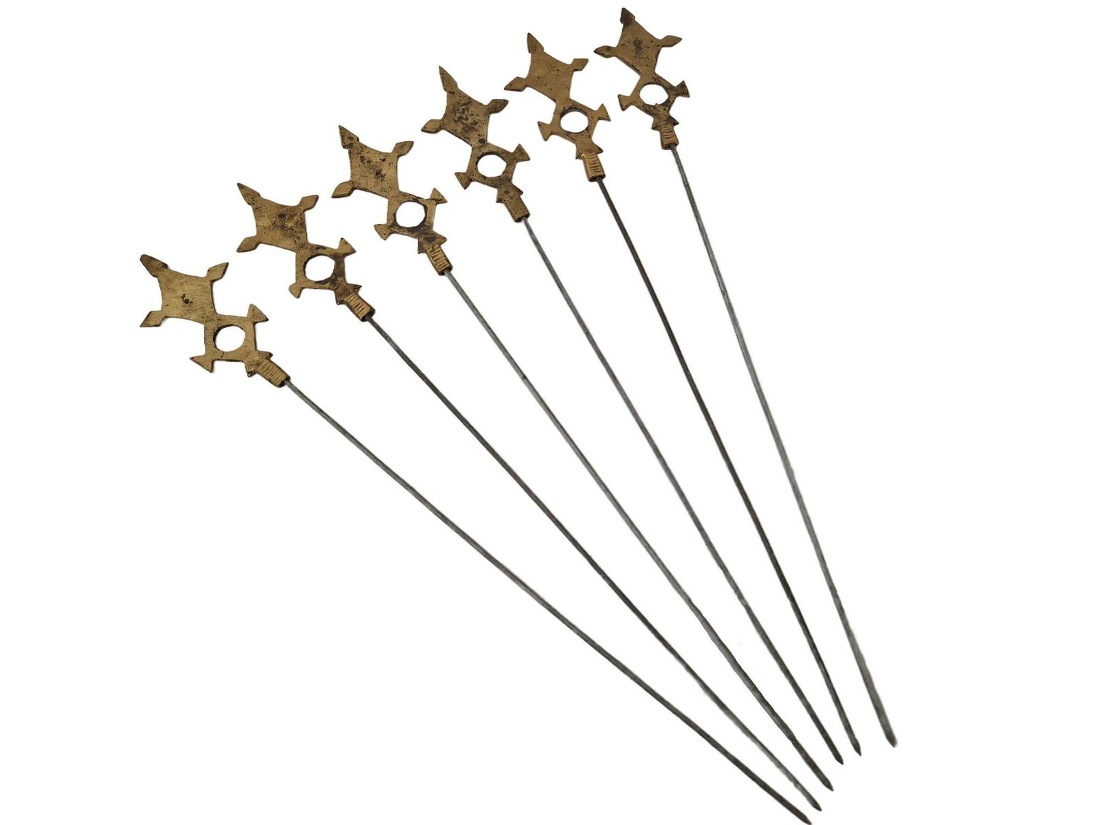 Akan Ashanti Bronze Meat Skewer Bbq Sticks With Geometric Cross Figurine, Set Of 6, Collectible African Tribal & Folk Decor