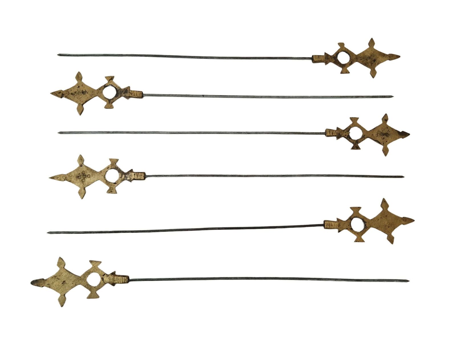 Akan Ashanti Bronze Meat Skewer Bbq Sticks With Geometric Cross Figurine, Set Of 6, Collectible African Tribal & Folk Decor photo vinterior