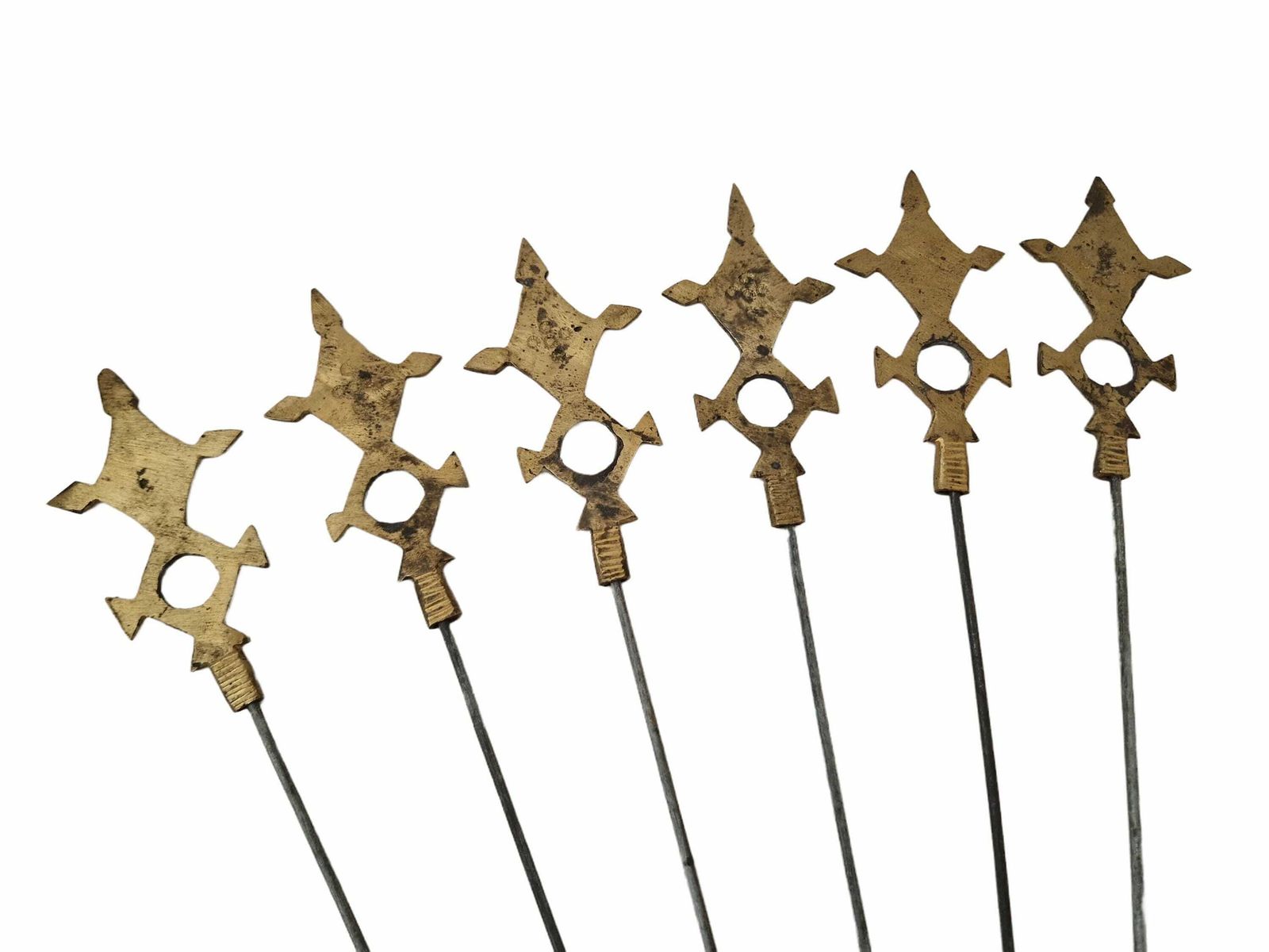 Akan Ashanti Bronze Meat Skewer Bbq Sticks With Geometric Cross Figurine, Set Of 6, Collectible African Tribal & Folk Decor photo vintage