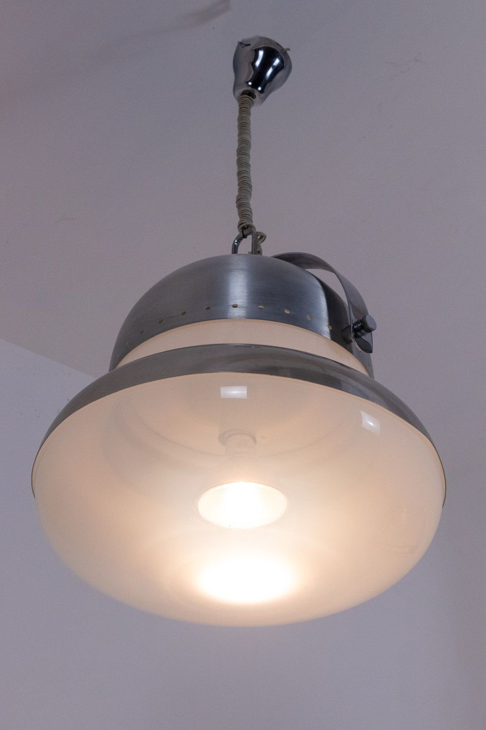 Industrial Style Pendant Light In Brushed And Opaline Metal. 1970s. photo furniture