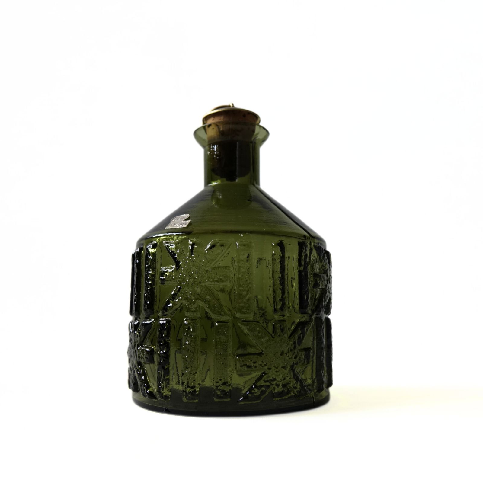 Vintage Green Glass Decanter With Cork And Brass Lid From Skruf Sweden