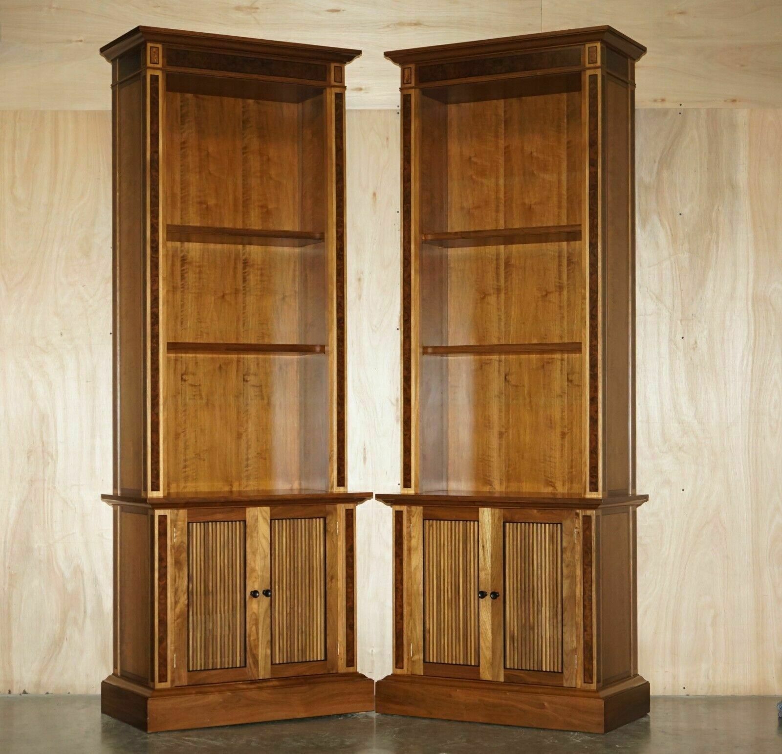 Pair Of Very Large 2.6 Meter Tall Burr Walnut David Linley Library Bookcases