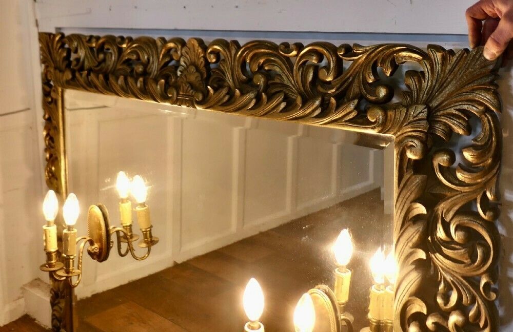Large French Gothic Gilt Overmantel Mirror With Twin Sconces photo vinterior