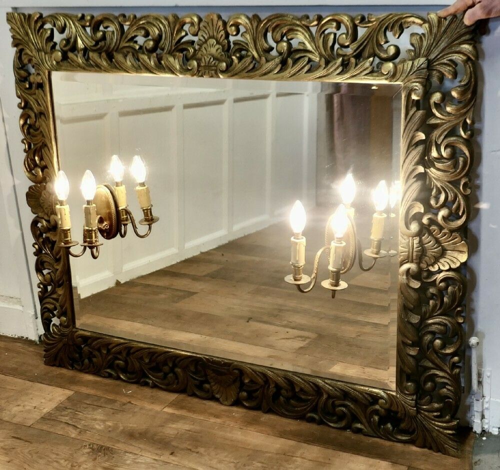 Large French Gothic Gilt Overmantel Mirror With Twin Sconces photo buy