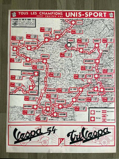 1954 Vespa Tour De France Map   Reprint