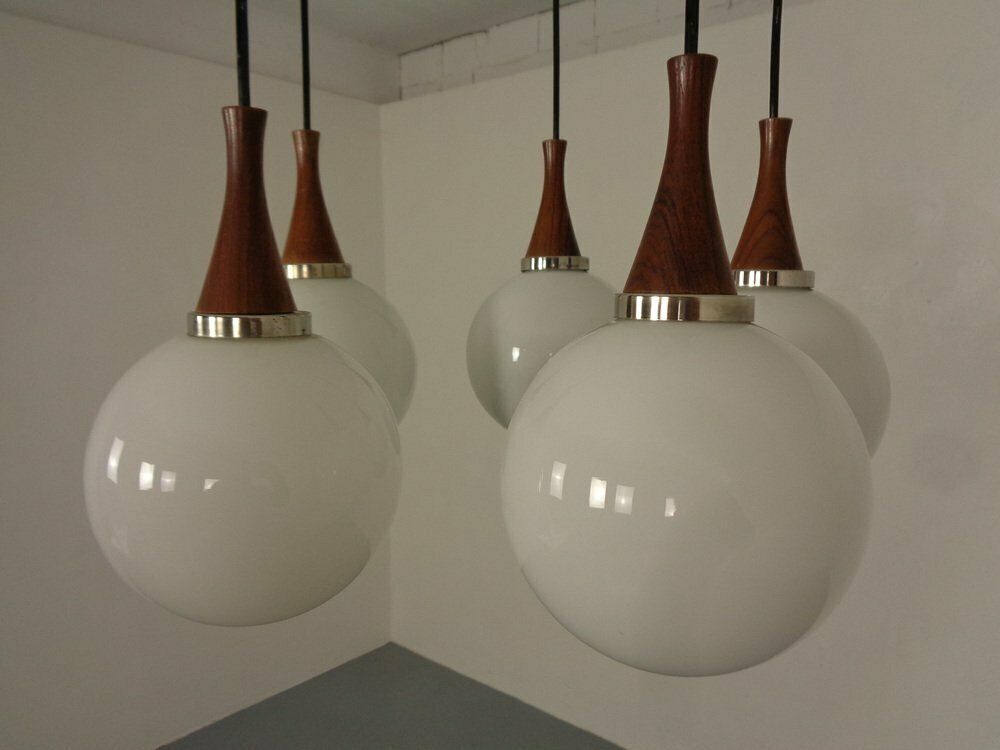 photo for sale Danish Glass And Rosewood Cascade Ceiling Lamp, 1960s